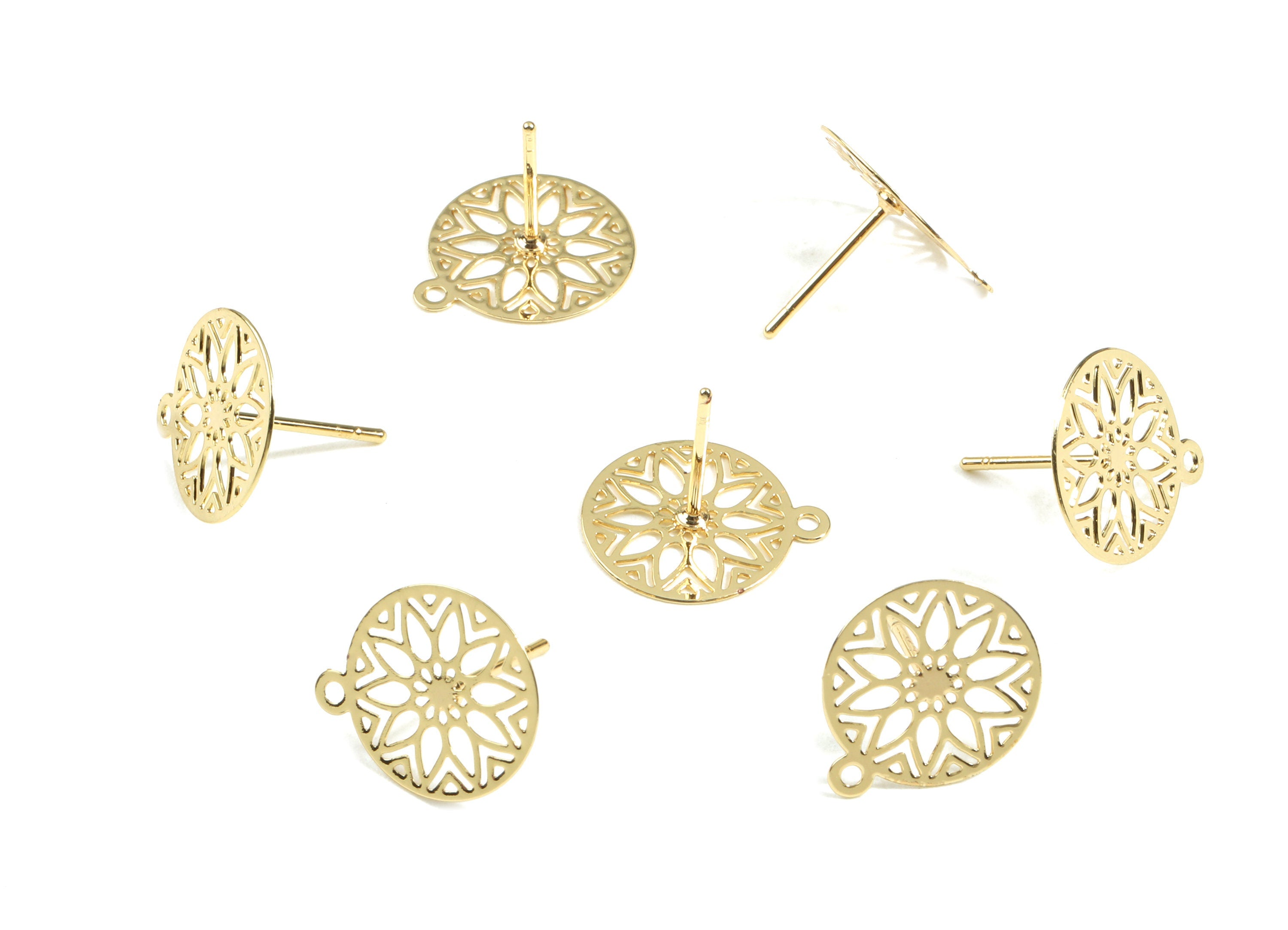 Brass Snowflake Earring Stud With Loop - Brass Round Earring Post - 18K Real Gold Plated Brass - 14.77x12.66x0.35mm - RGP2397 - DOMEDBAZAAR
