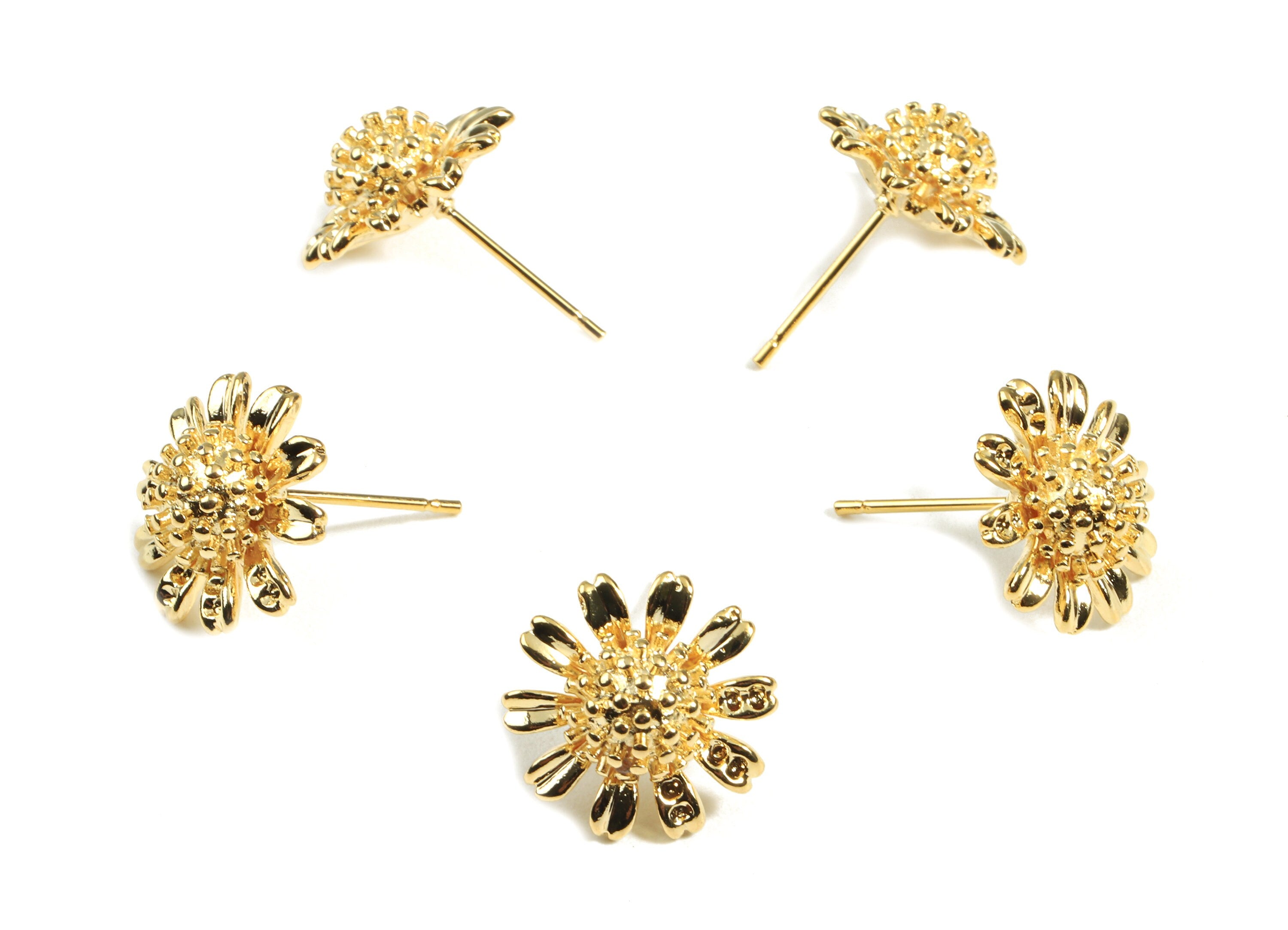 Brass Daisy Earring Stud - Brass Daisy Earring Post - 18K Real Gold Plated Brass - Surgical Stud - 15.17x6.86x1.64mm - RGP2379 - DOMEDBAZAAR
