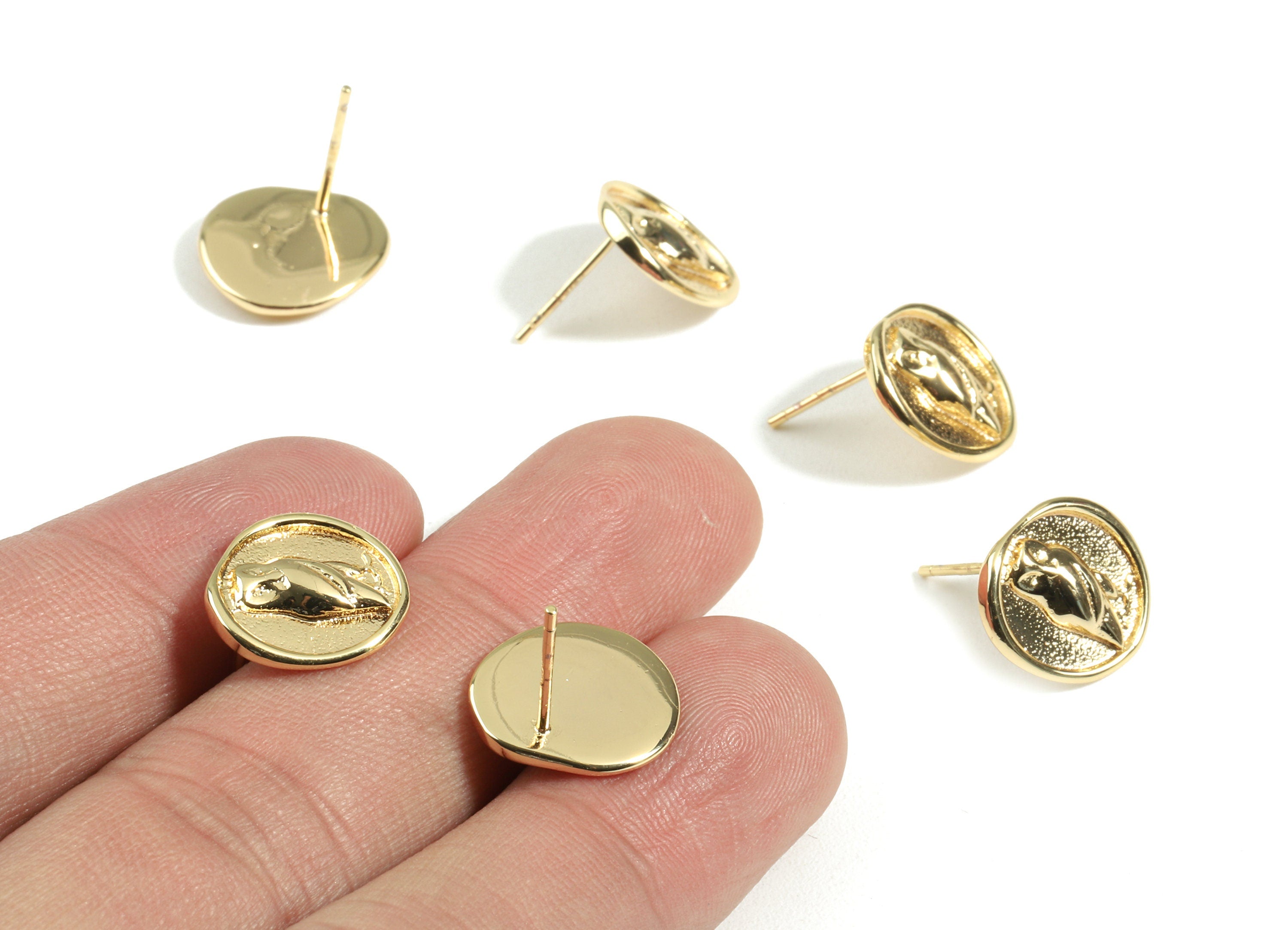 Brass Hoot Owl Earring Stud - Brass Owl Earring Post - 18K Real Gold Plated Brass - Jewelry Supplies - 13.94x12.6x2.2mm - RGP2354 - DOMEDBAZAAR