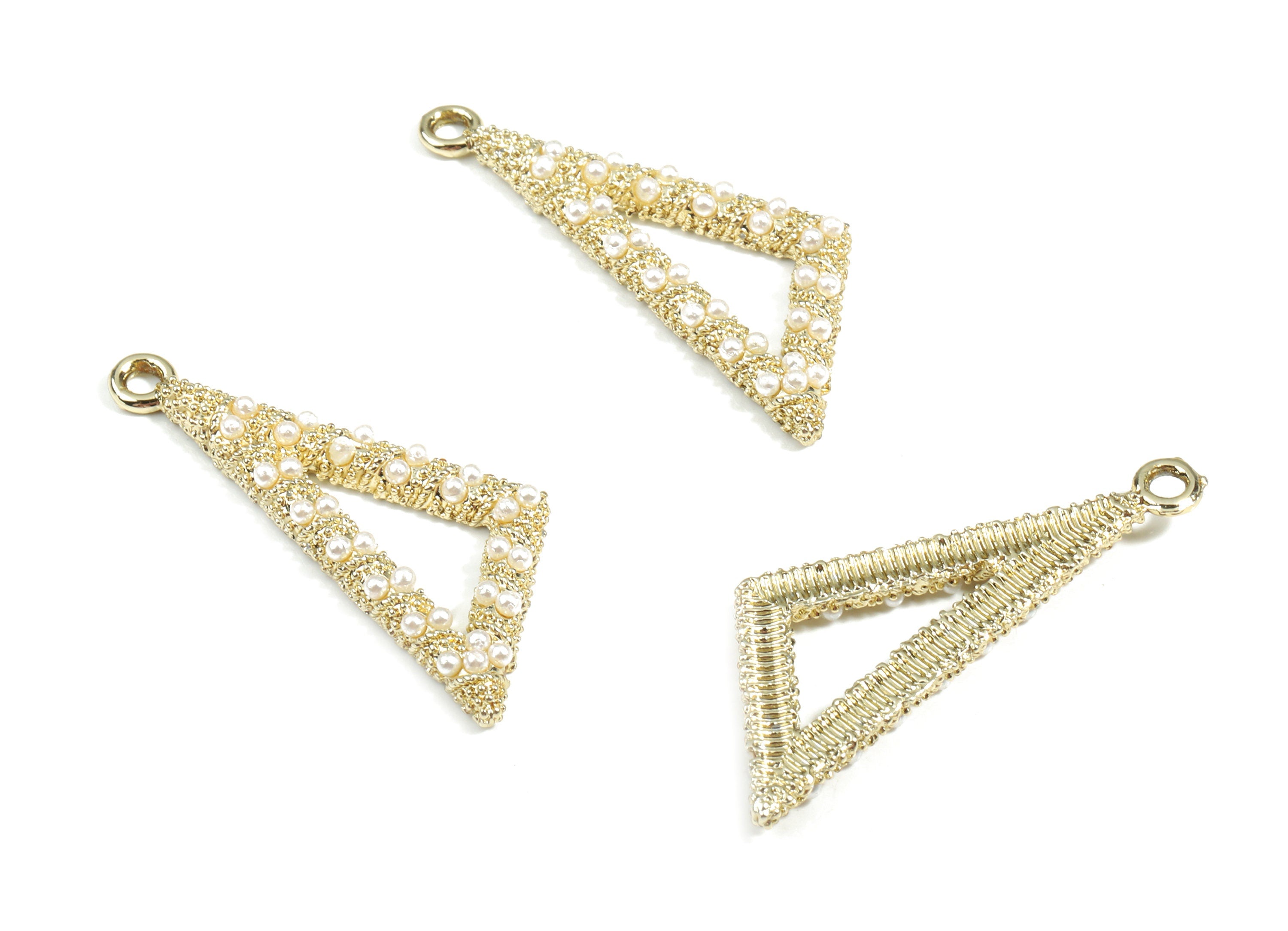 Alloy Triangle Pendant With Peals - Zinc Alloy Triangle Earring Charms - Gold Tone Plated - Jewelry Supplies - 36.36x13.53x2.62mm - ZZ1596 - DOMEDBAZAAR
