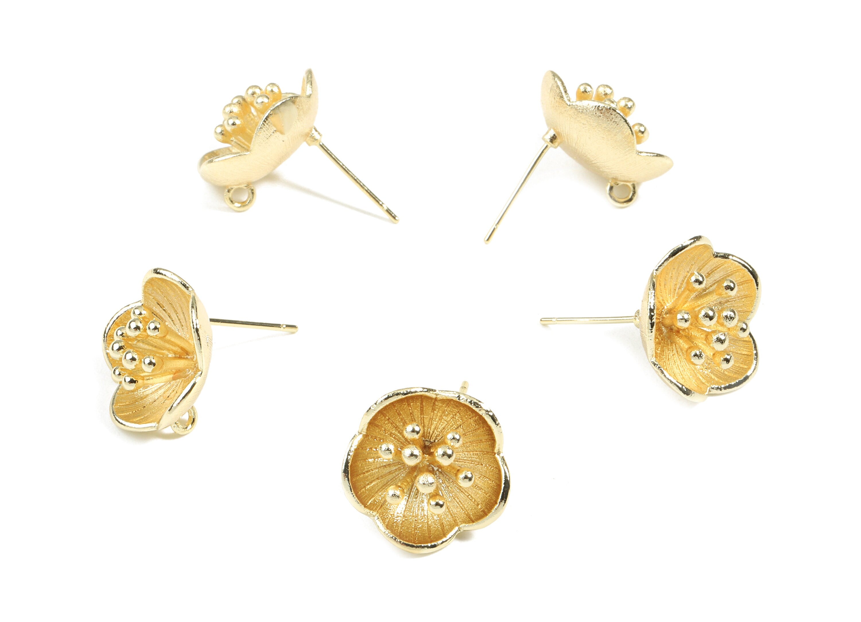 Brass Flower Earring Stud With Loop - Brass Flower Earring Post - 18K Real Gold Plated Brass - Jewelry Supplies - 15.8x15.8x1.88mm - RGP2462 - DOMEDBAZAAR
