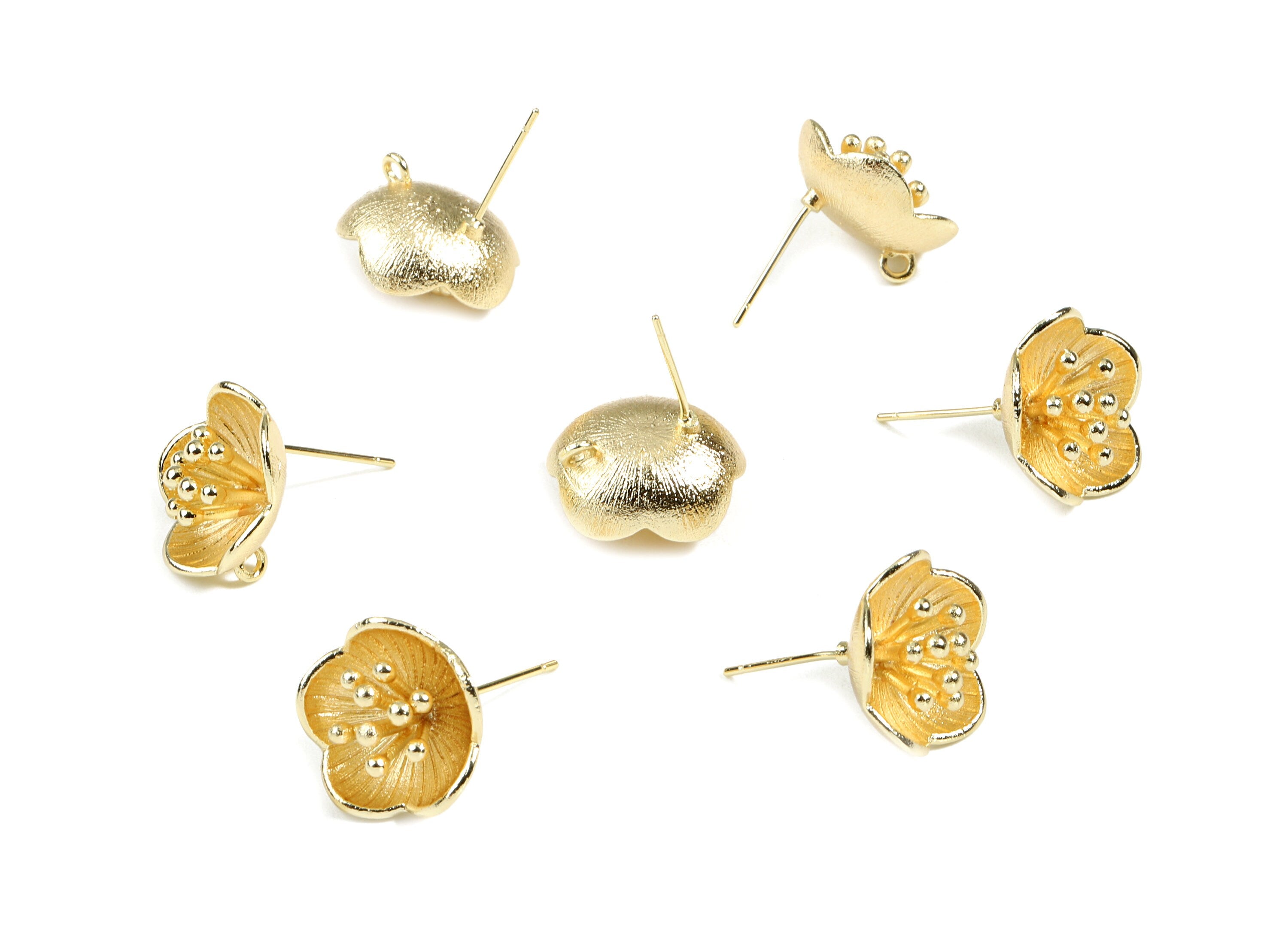 Brass Flower Earring Stud With Loop - Brass Flower Earring Post - 18K Real Gold Plated Brass - Jewelry Supplies - 15.8x15.8x1.88mm - RGP2462 - DOMEDBAZAAR