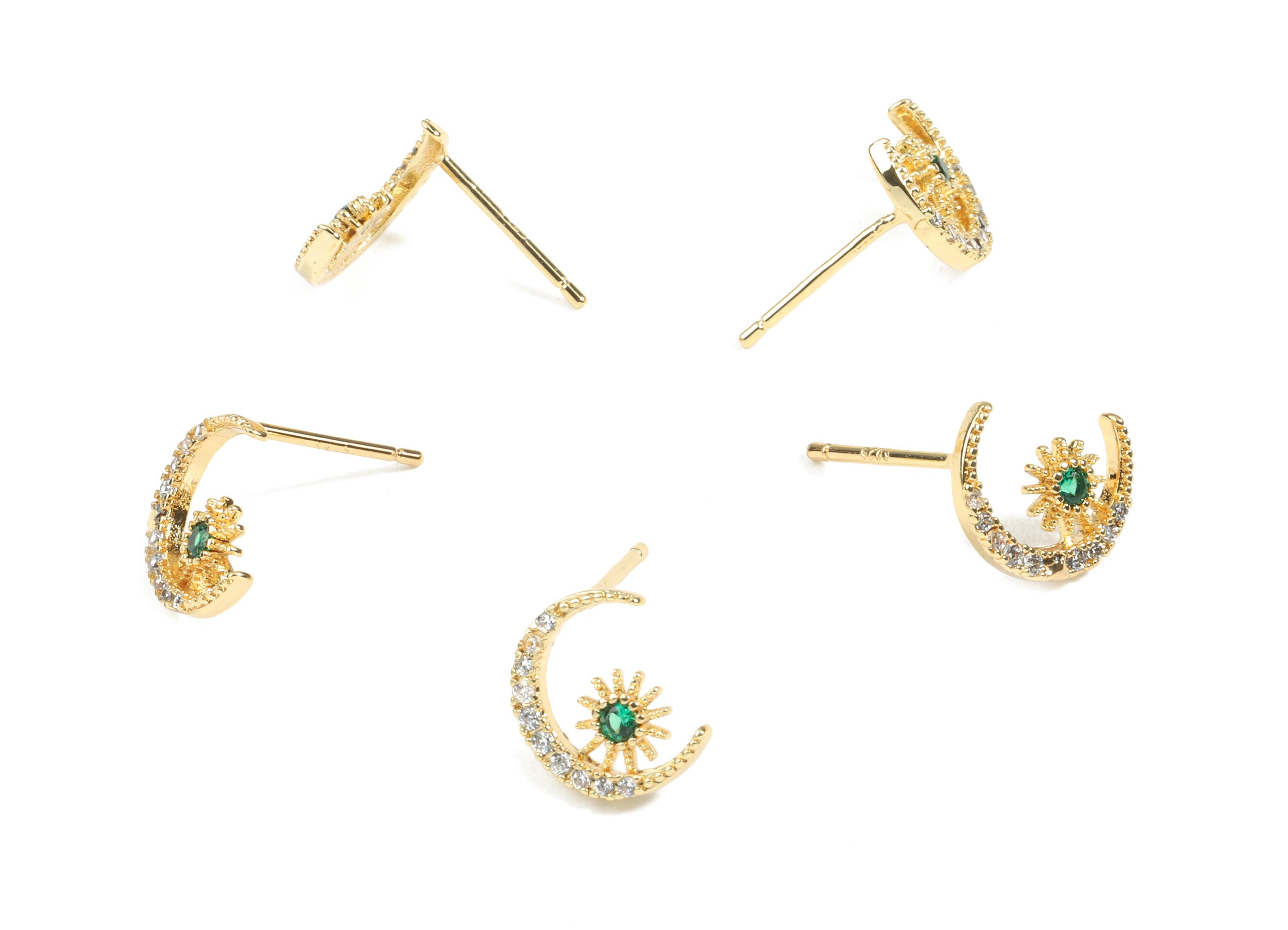 Brass Star and Crescent Earring Stud With Zircons - Brass Crescent Earring Post - 18K Real Gold Plated Brass - 10.69x6.67x1.67mm - RGP2453 - DOMEDBAZAAR