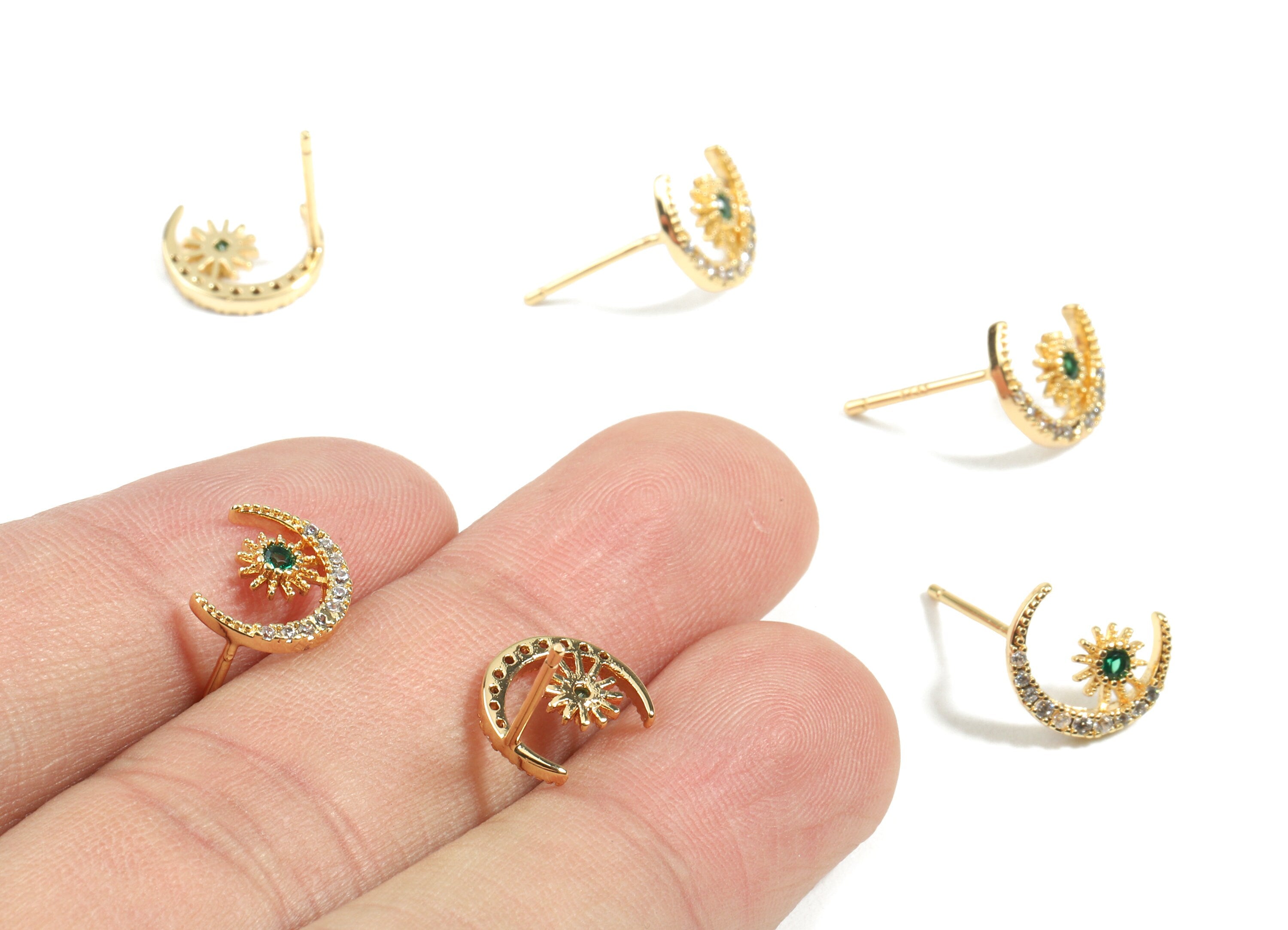 Brass Star and Crescent Earring Stud With Zircons - Brass Crescent Earring Post - 18K Real Gold Plated Brass - 10.69x6.67x1.67mm - RGP2453 - DOMEDBAZAAR