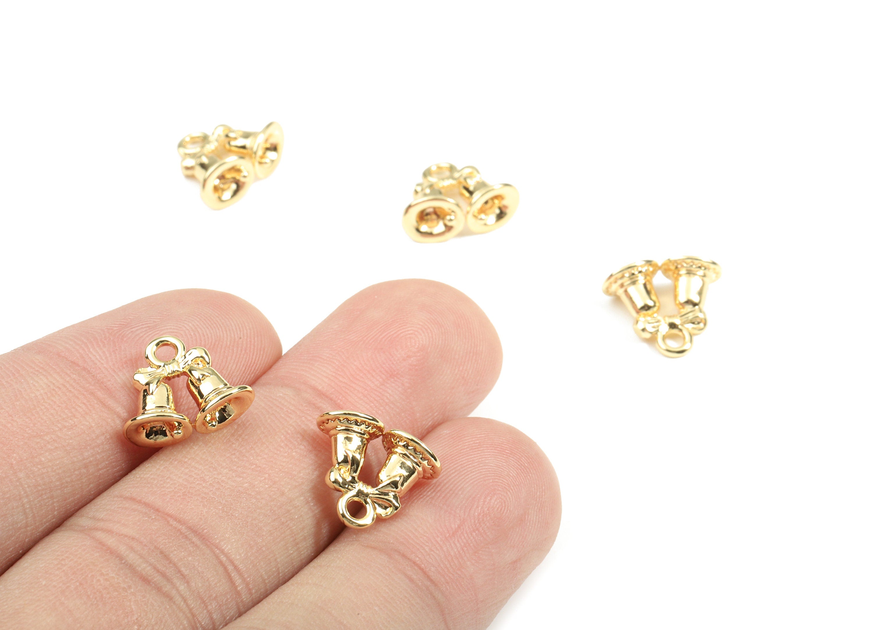 Brass Double Hand Bell Earring Charms - Gold Brass Bell Pendant - 18K Real Gold Plated Brass - Jewelry Supplies - 10.91x12.49mm - RGP2619 - DOMEDBAZAAR