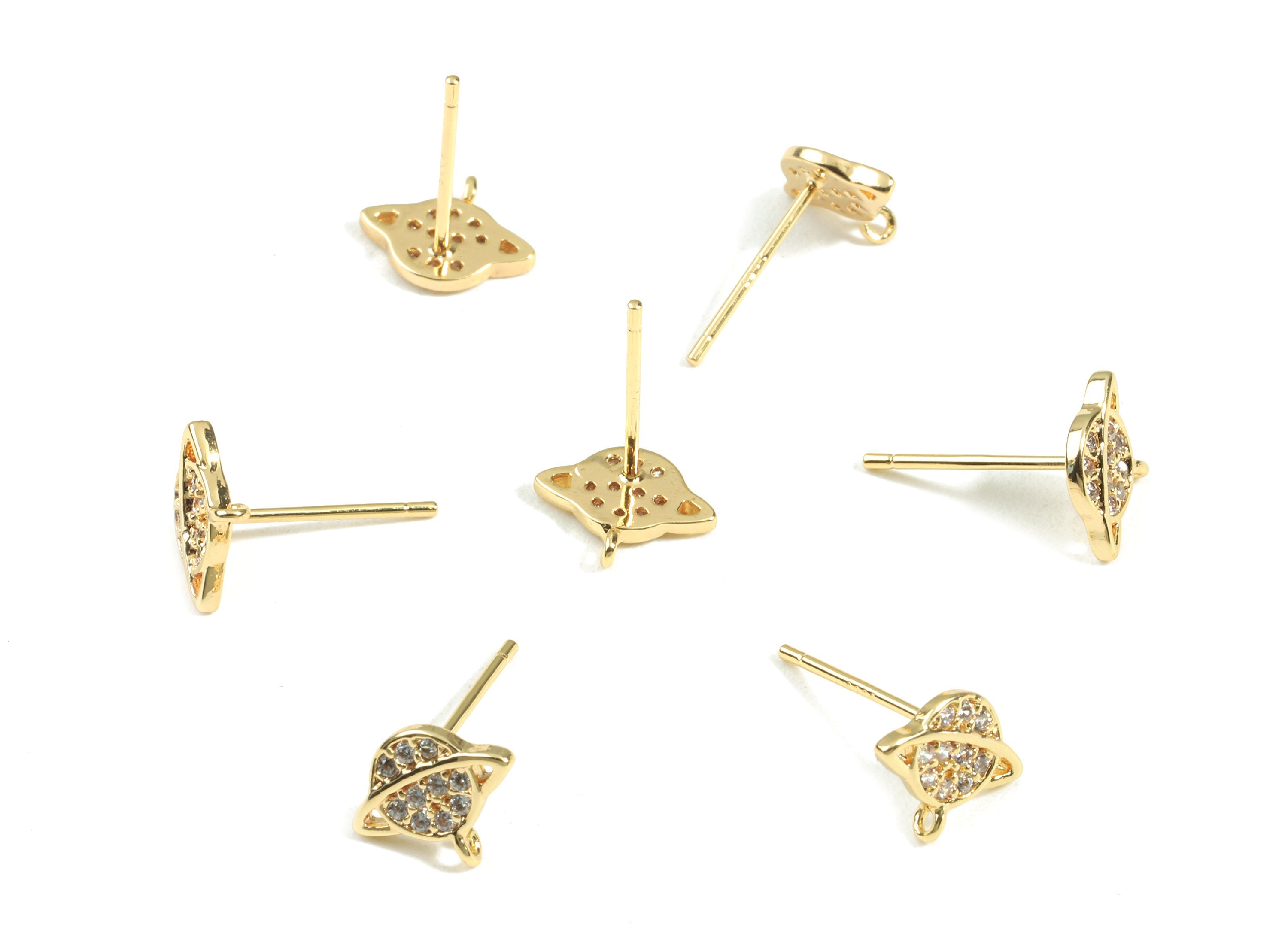 Brass Saturn Earring Stud With Zircons - Brass Saturn Earring Post - 18K Real Gold Plated Brass - Surgical Stud - 9.32x7.49x1.21mm - RGP2400 - DOMEDBAZAAR