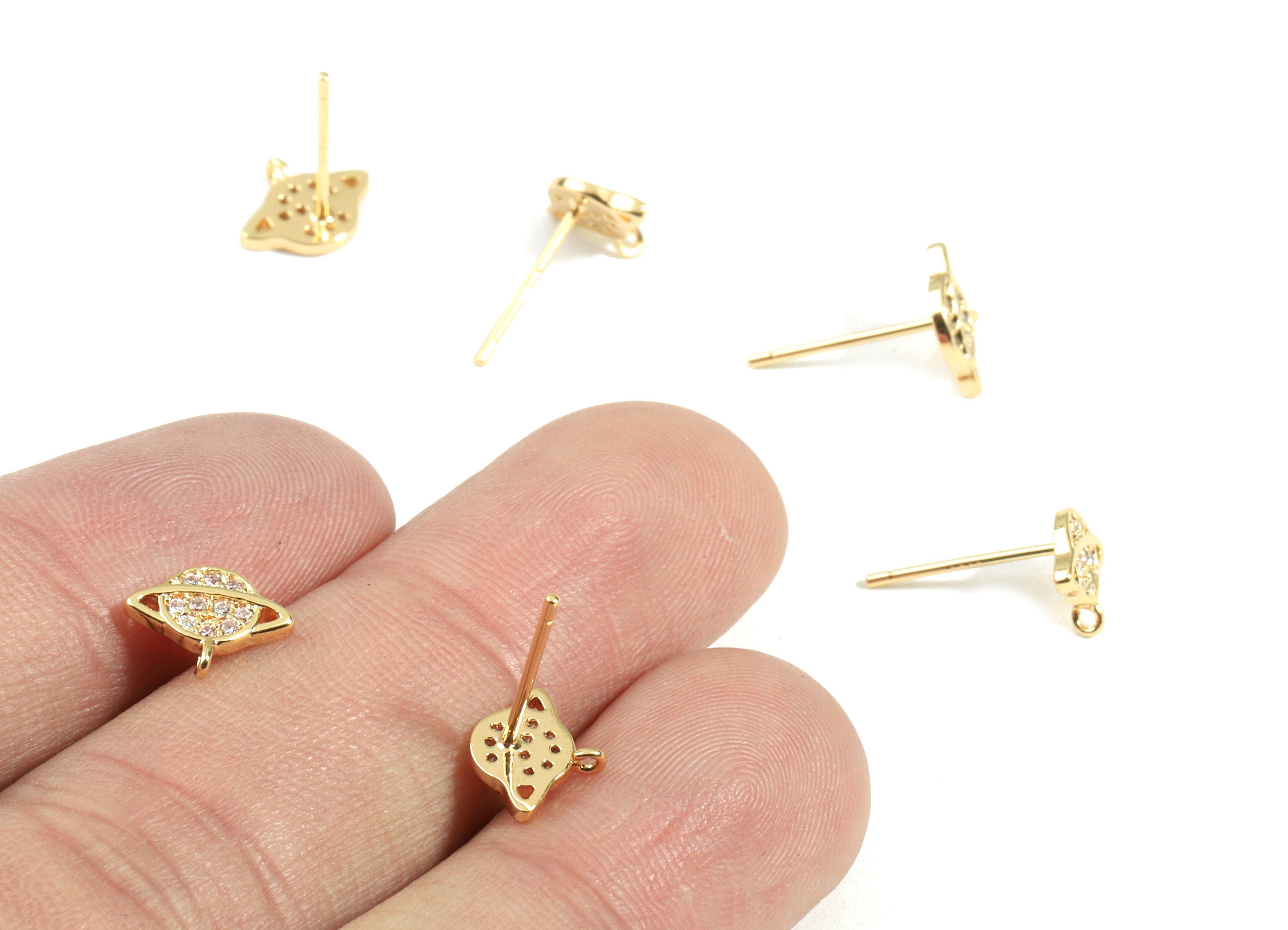 Brass Saturn Earring Stud With Zircons - Brass Saturn Earring Post - 18K Real Gold Plated Brass - Surgical Stud - 9.32x7.49x1.21mm - RGP2400 - DOMEDBAZAAR