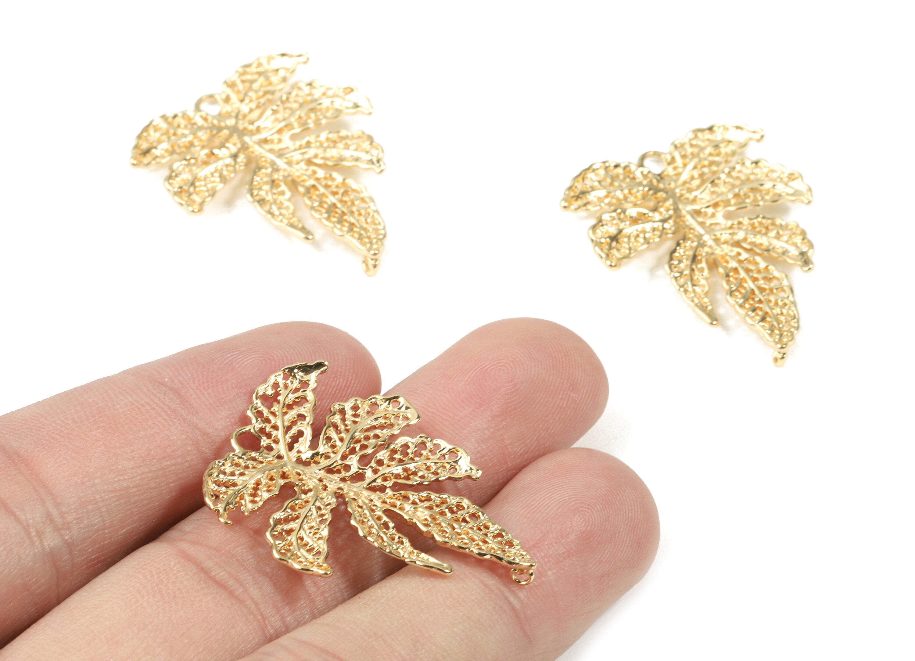Brass Leaf Earring Charms - Gold Leaf Pendant - 18K Real Gold Plated Brass - Jewelry Supplies - 33.57x26.16x2.29mm - RGP2522 - DOMEDBAZAAR