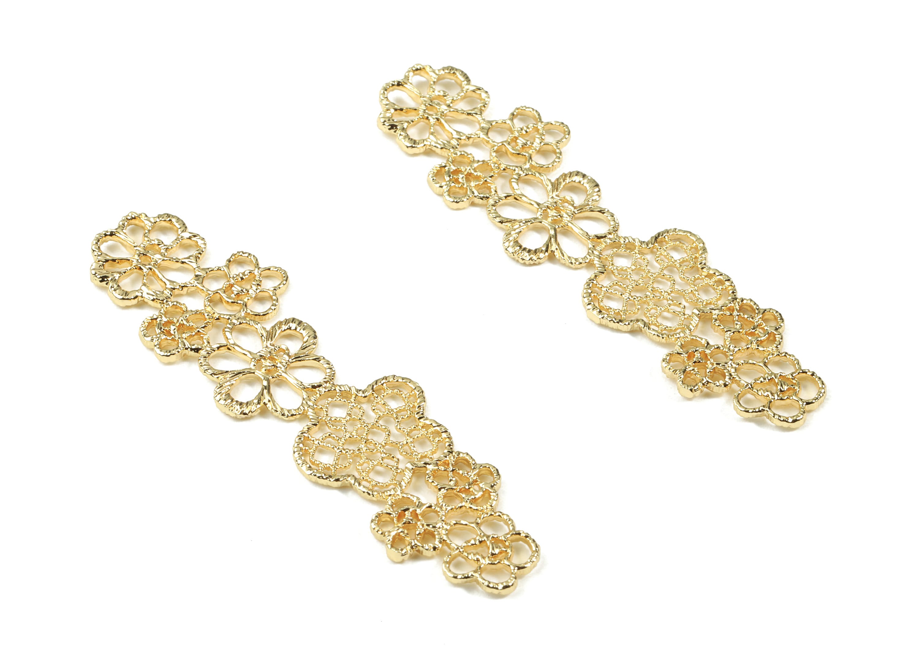 Brass Long Flowers Hair Clip Charms - Gold Flowers Connectors - 18K Real Gold Plated Brass - Jewelry Supplies - 61.34x17.77x1.6mm - RGP2478 - DOMEDBAZAAR