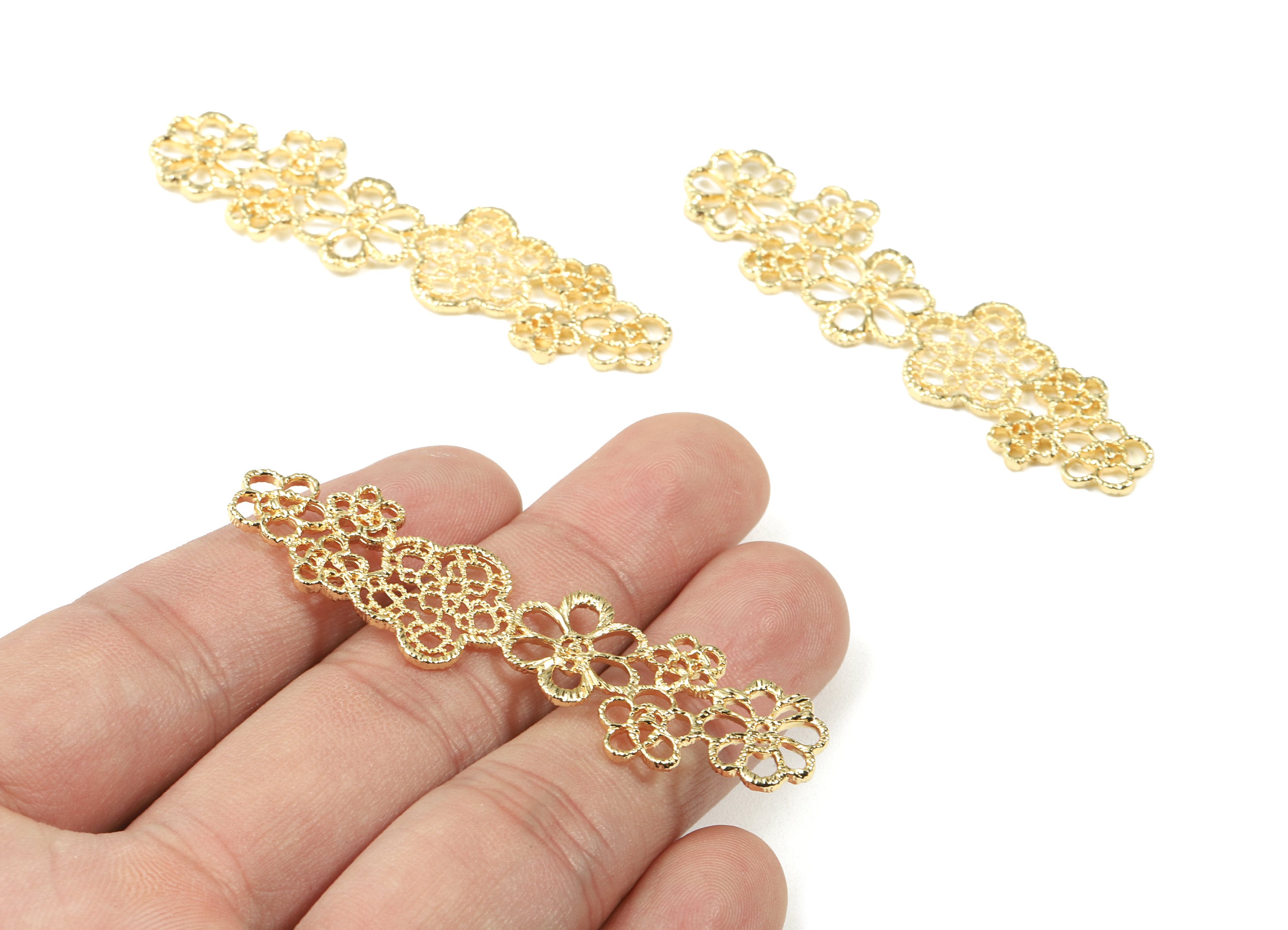 Brass Long Flowers Hair Clip Charms - Gold Flowers Connectors - 18K Real Gold Plated Brass - Jewelry Supplies - 61.34x17.77x1.6mm - RGP2478 - DOMEDBAZAAR