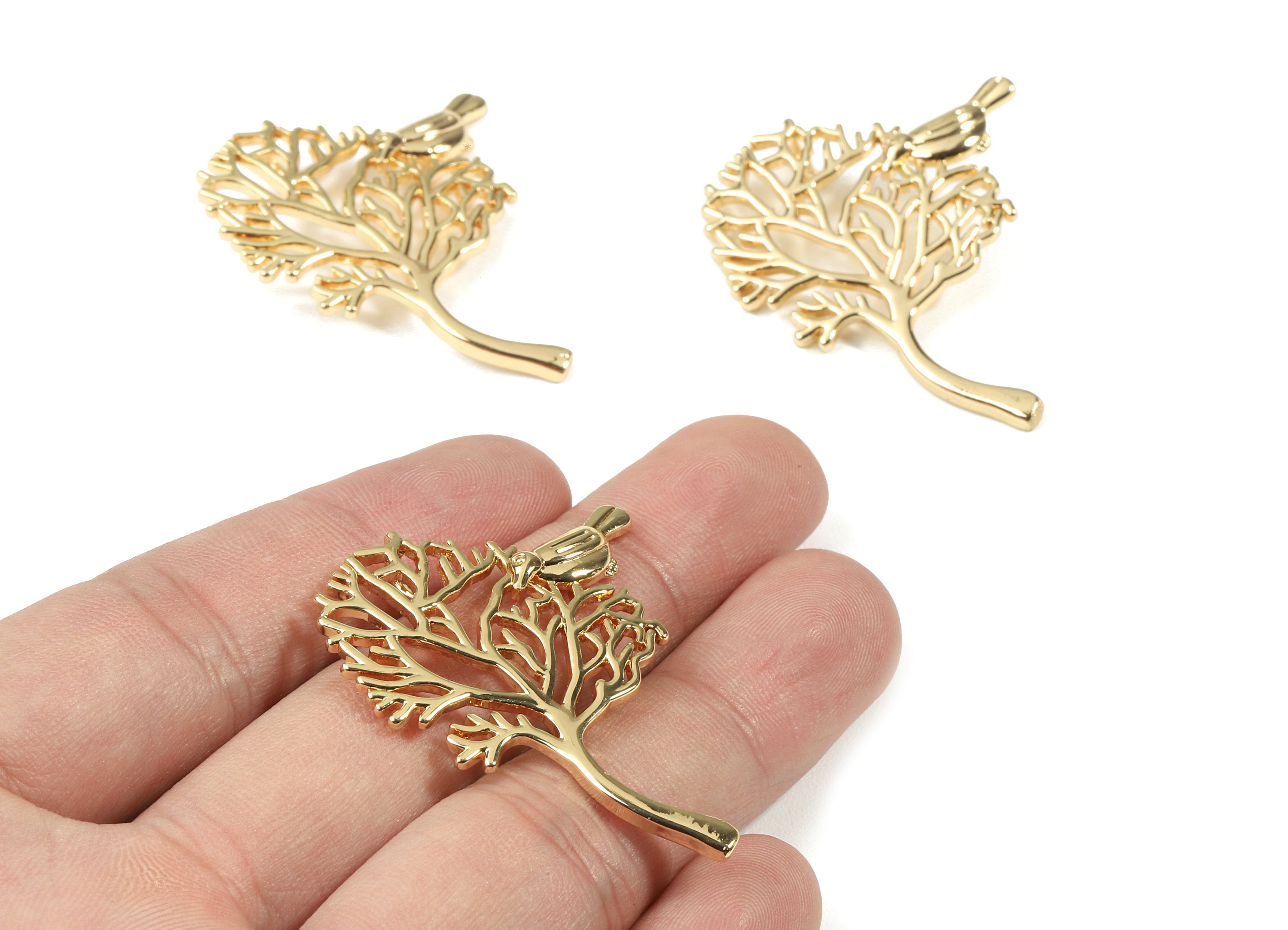 Brass Tree Charm With Loop - Gold Tree Pendant Bird On The Tree - 18K Real Gold Plated Brass - Jewelry Supplies - 44.86x36.5x2.5mm - RGP2508 - DOMEDBAZAAR