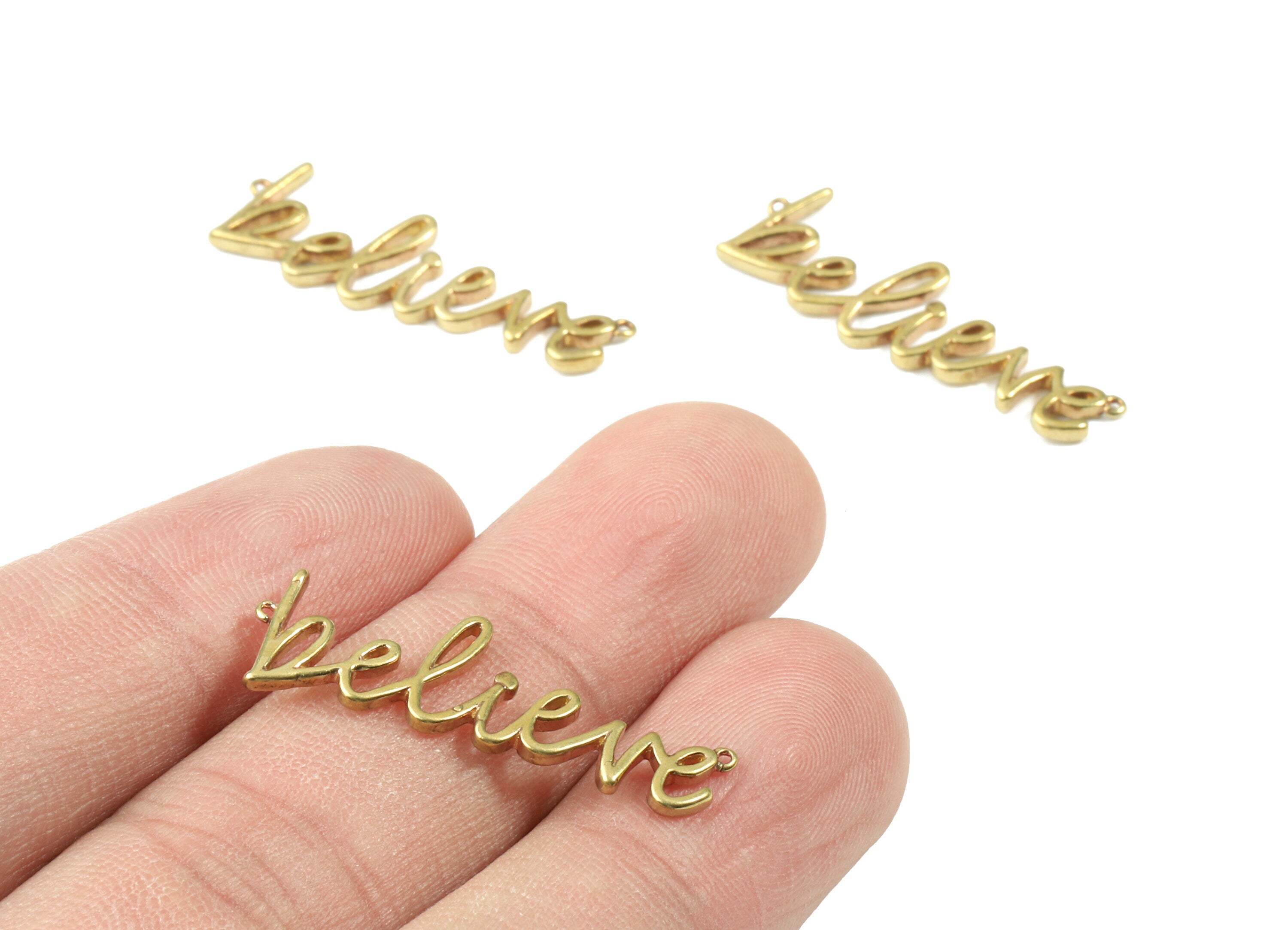 Brass Believe Charms - Raw Brass Believe Necklace Connector - 2 Holes - Earring Findings - Jewelry Supplies - 29.96x9.57x1.39mm - PP3092 - DOMEDBAZAAR