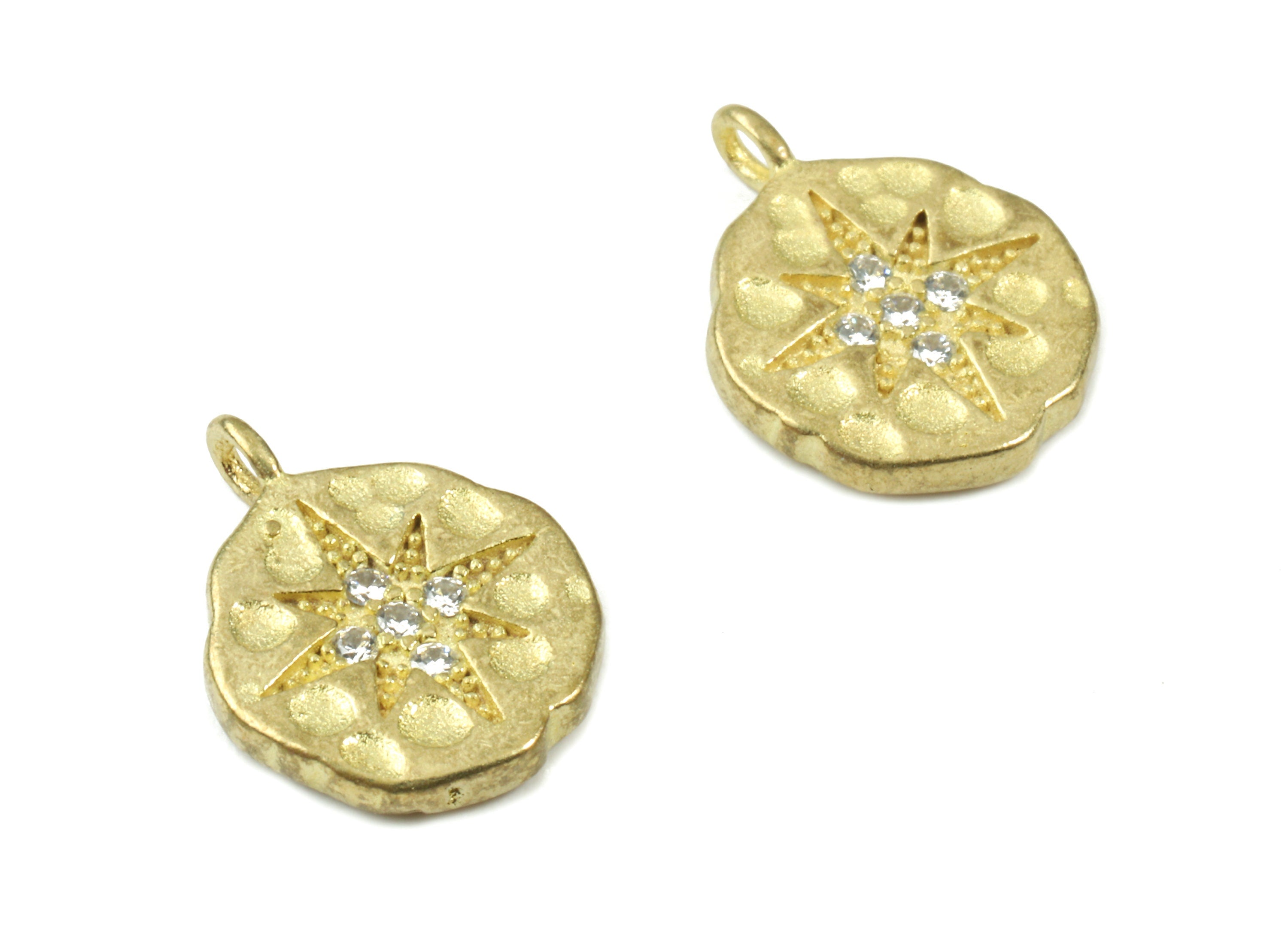 Brass Gold Round Earring Charm With Zincon - Raw Brass Hammered Round Star Pendant - Jewelry Supplies - 13.84x10.6x1.87mm - PP3090 - DOMEDBAZAAR