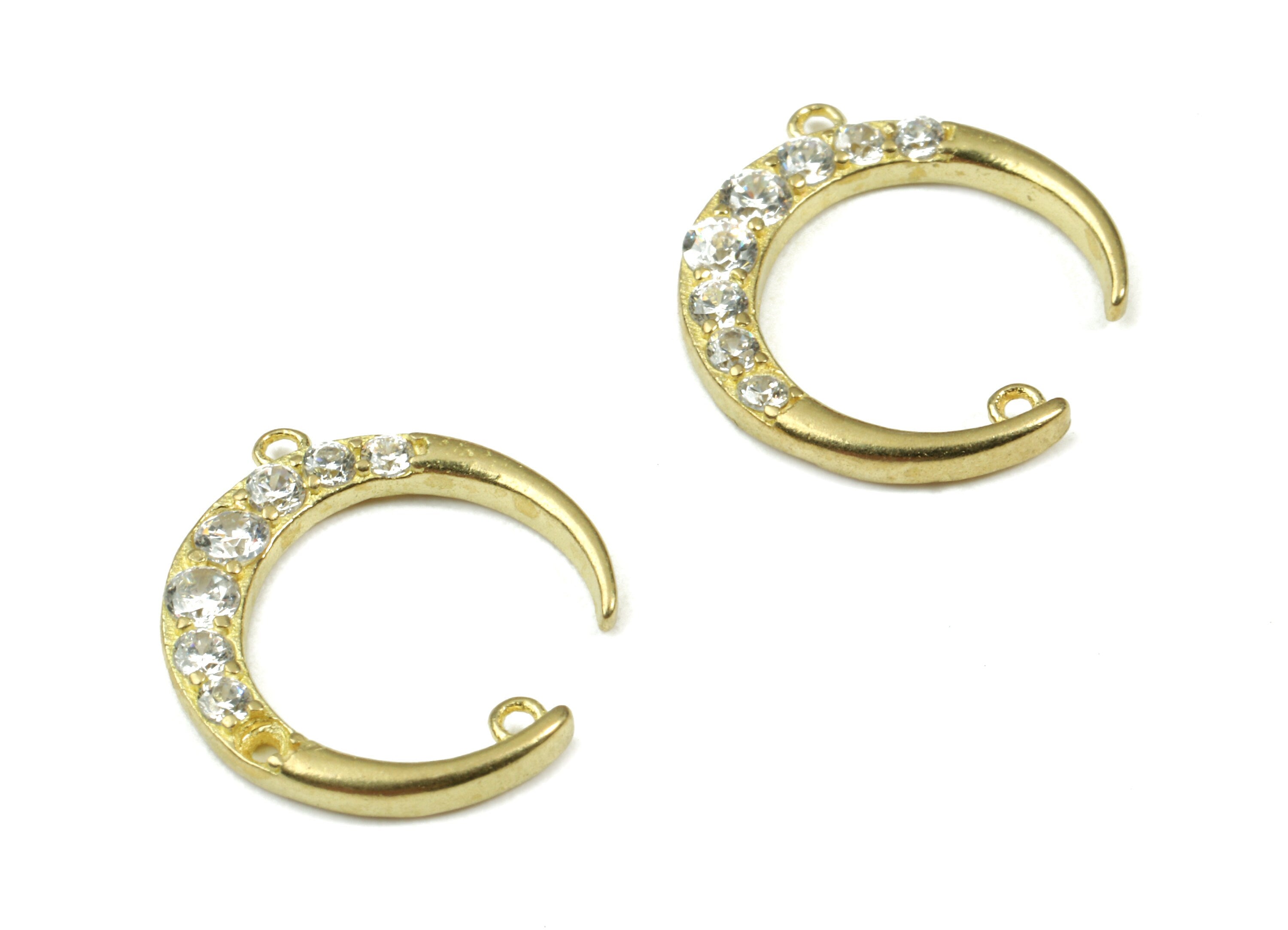 Brass Crescent Earring Connector With Zircon - Gold Moon Connector - 2 Holes - Earring Findings - Jewelry Supplies - 15.3x4.2x1.9mm - PP3078 - DOMEDBAZAAR