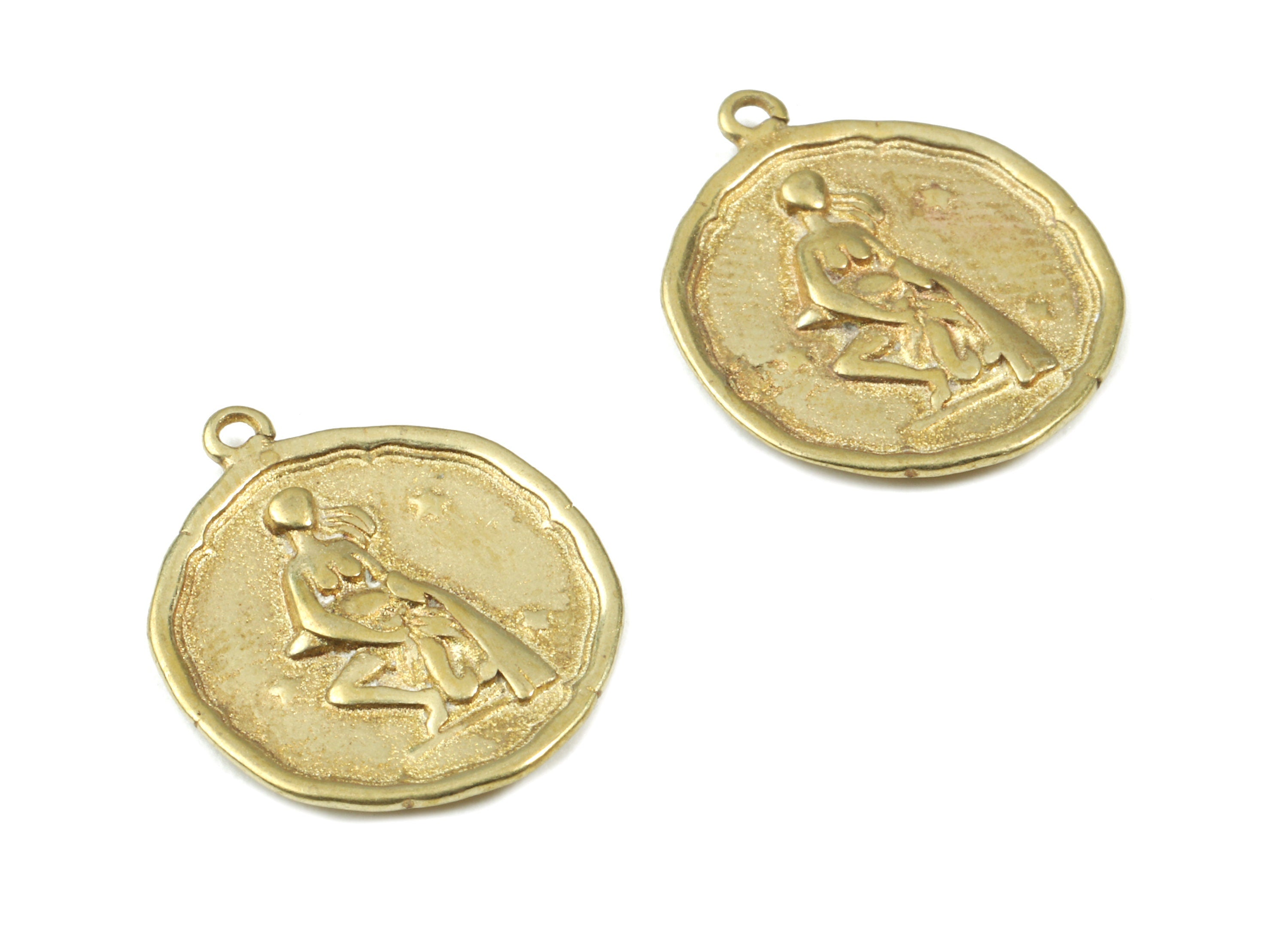 Brass Aquarius Earring Charms - Raw Brass Horoscopes Pendant - Earring Findings - Jewelry Supplies - 19.52x16.92x1.39mm - PP3071 - DOMEDBAZAAR