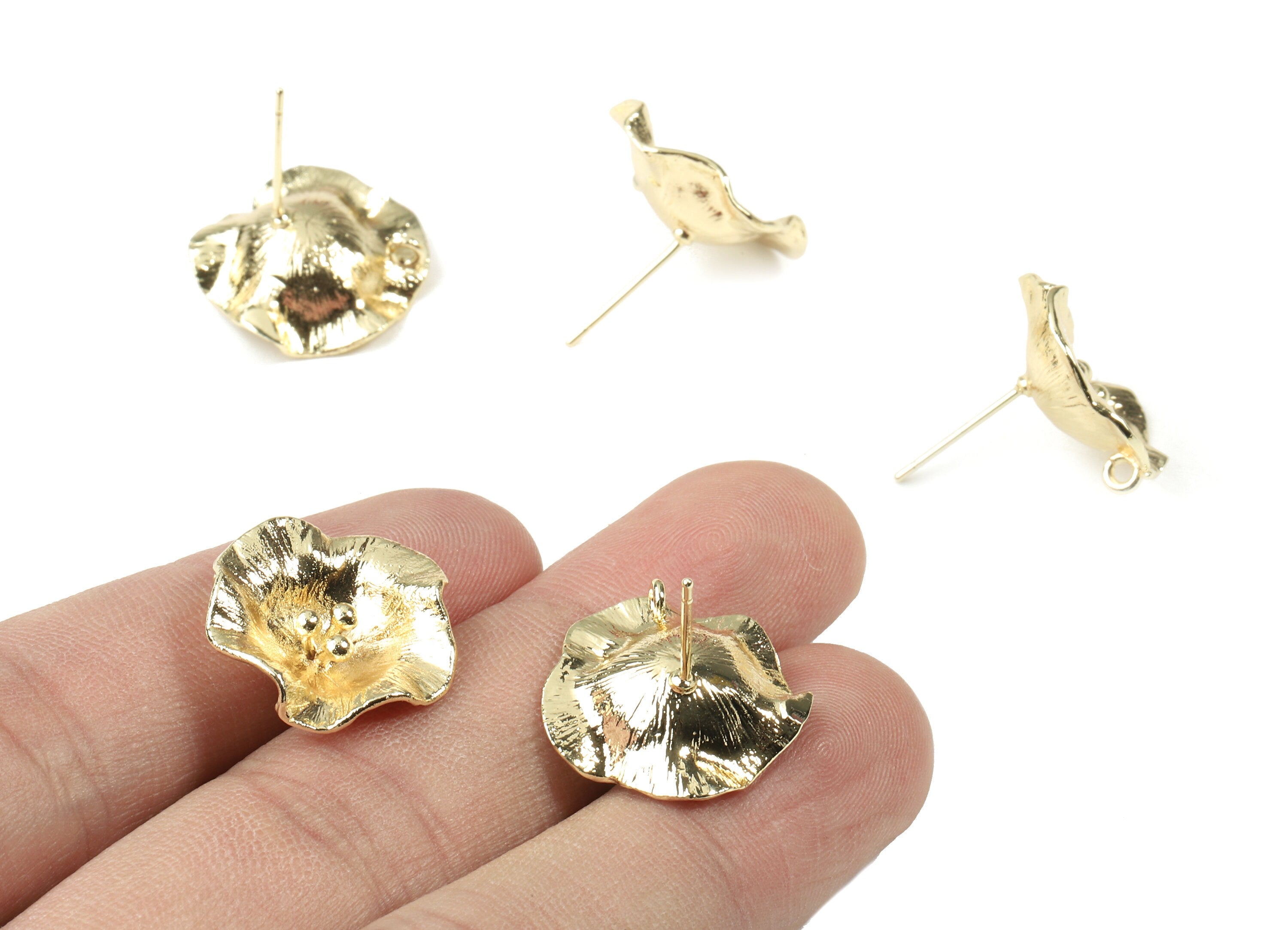 Brass Water lily Earring Stud With Loop - Gold Flower Earring Post - 18K Real Gold Plated Brass - Surgical Stud - 17.88x17.9x1.1mm - RGP2536 - DOMEDBAZAAR