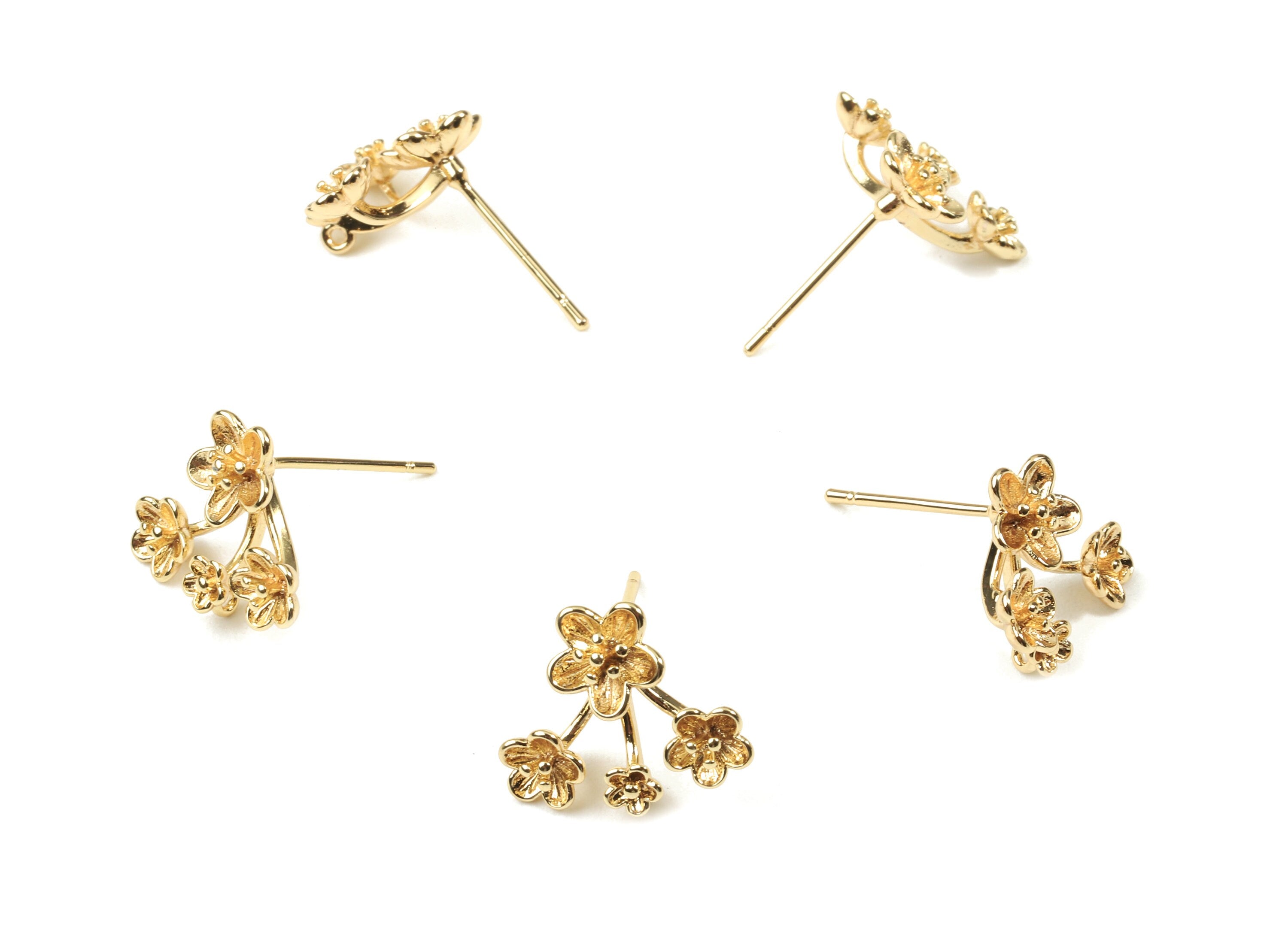 Brass Flower Earring Stud With Loop - Gold Flower Earring Post - 18K Real Gold Plated Brass - Surgical Stud - 15.05x12.53x4.43mm - RGP2566 - DOMEDBAZAAR