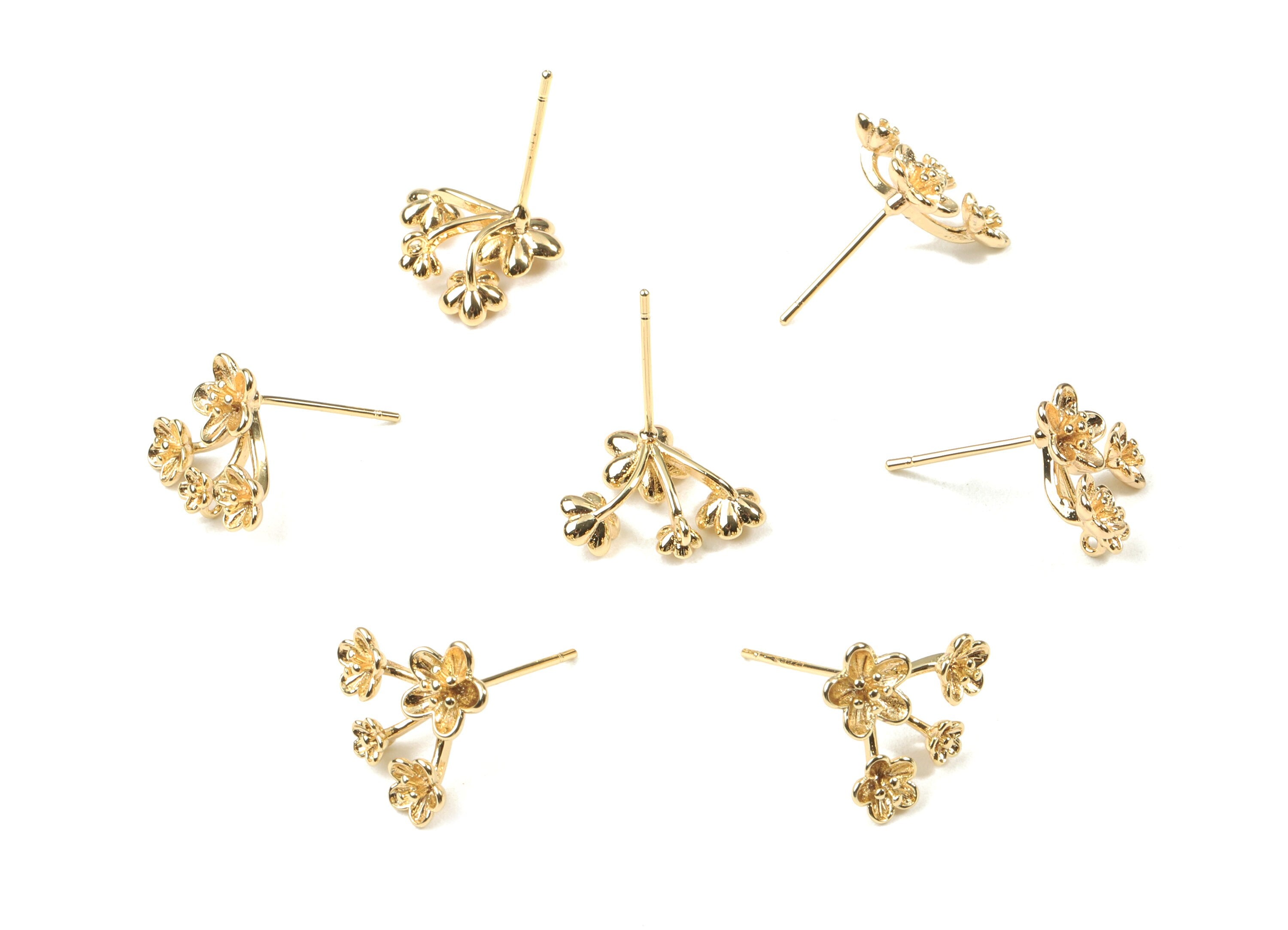 Brass Flower Earring Stud With Loop - Gold Flower Earring Post - 18K Real Gold Plated Brass - Surgical Stud - 15.05x12.53x4.43mm - RGP2566 - DOMEDBAZAAR