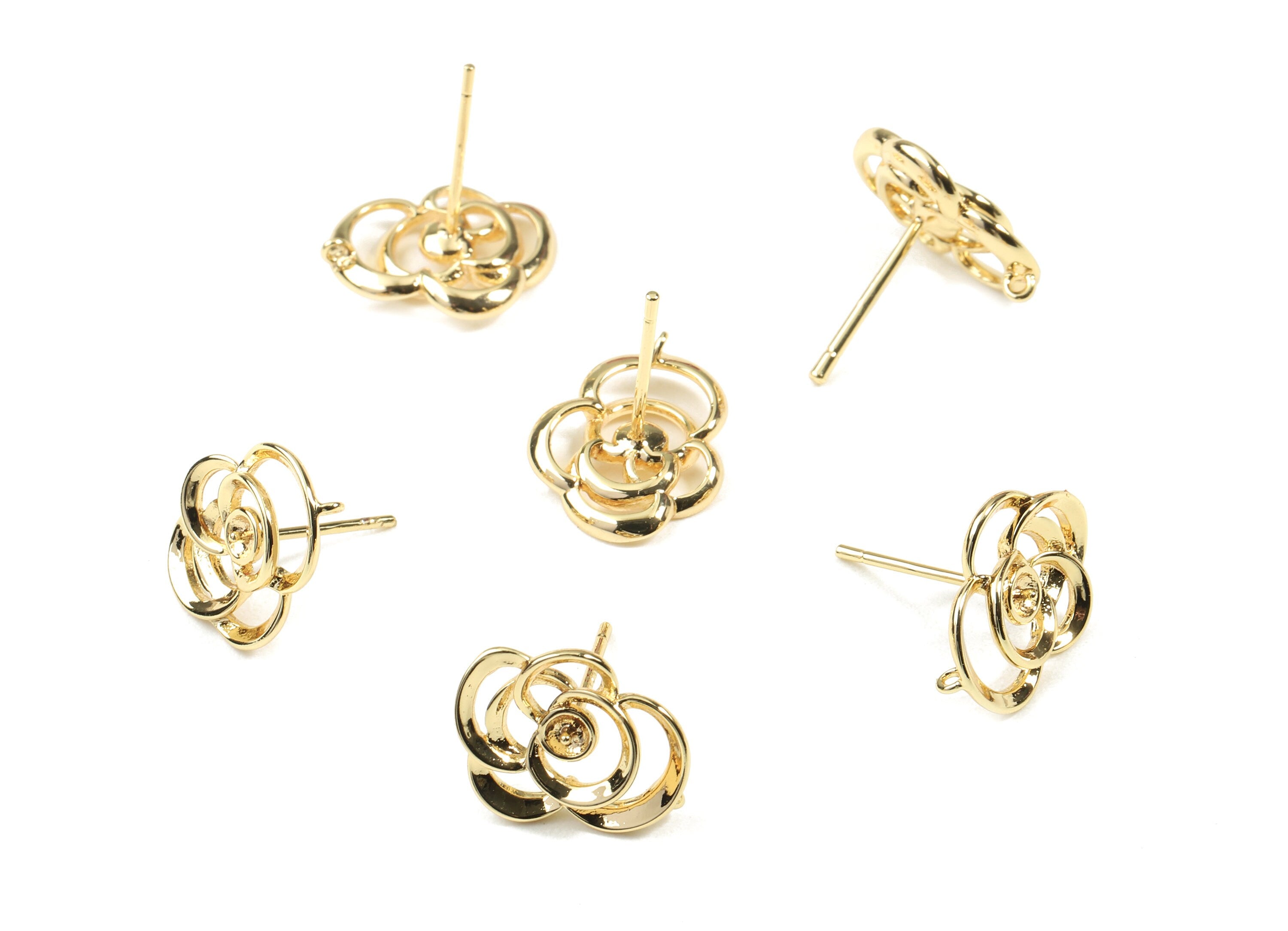 Brass Flower Earring Stud With Loop - Gold Flower Earring Post - 18K Real Gold Plated Brass - Surgical Stud - 14.13x11.46x2.13mm - RGP2569 - DOMEDBAZAAR