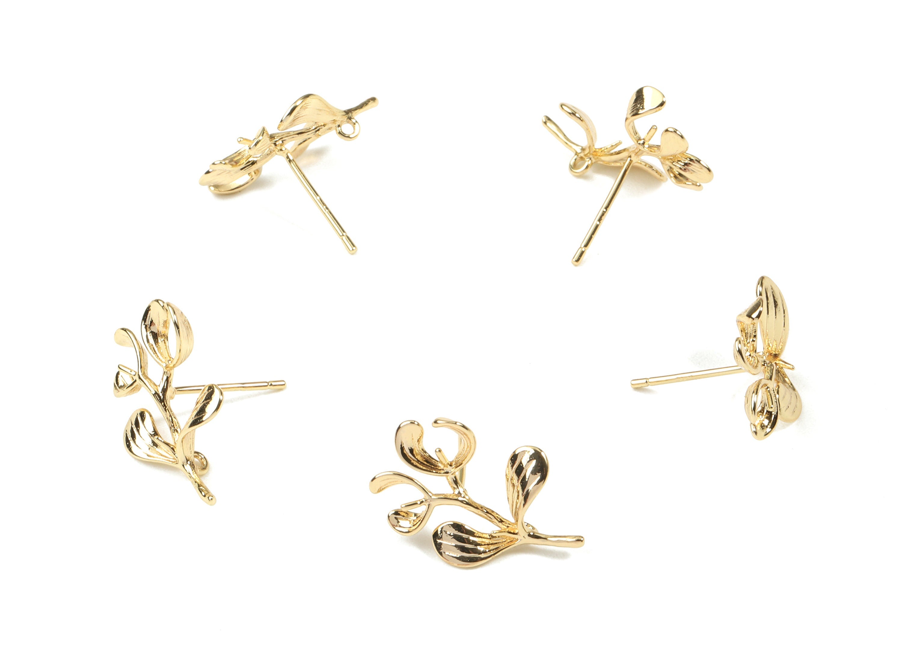 Brass Flower Earring Stud With Loop - Gold Flower Earring Post - 18K Real Gold Plated Brass - Surgical Stud - 20.21x13.01x0.93mm - RGP2567 - DOMEDBAZAAR