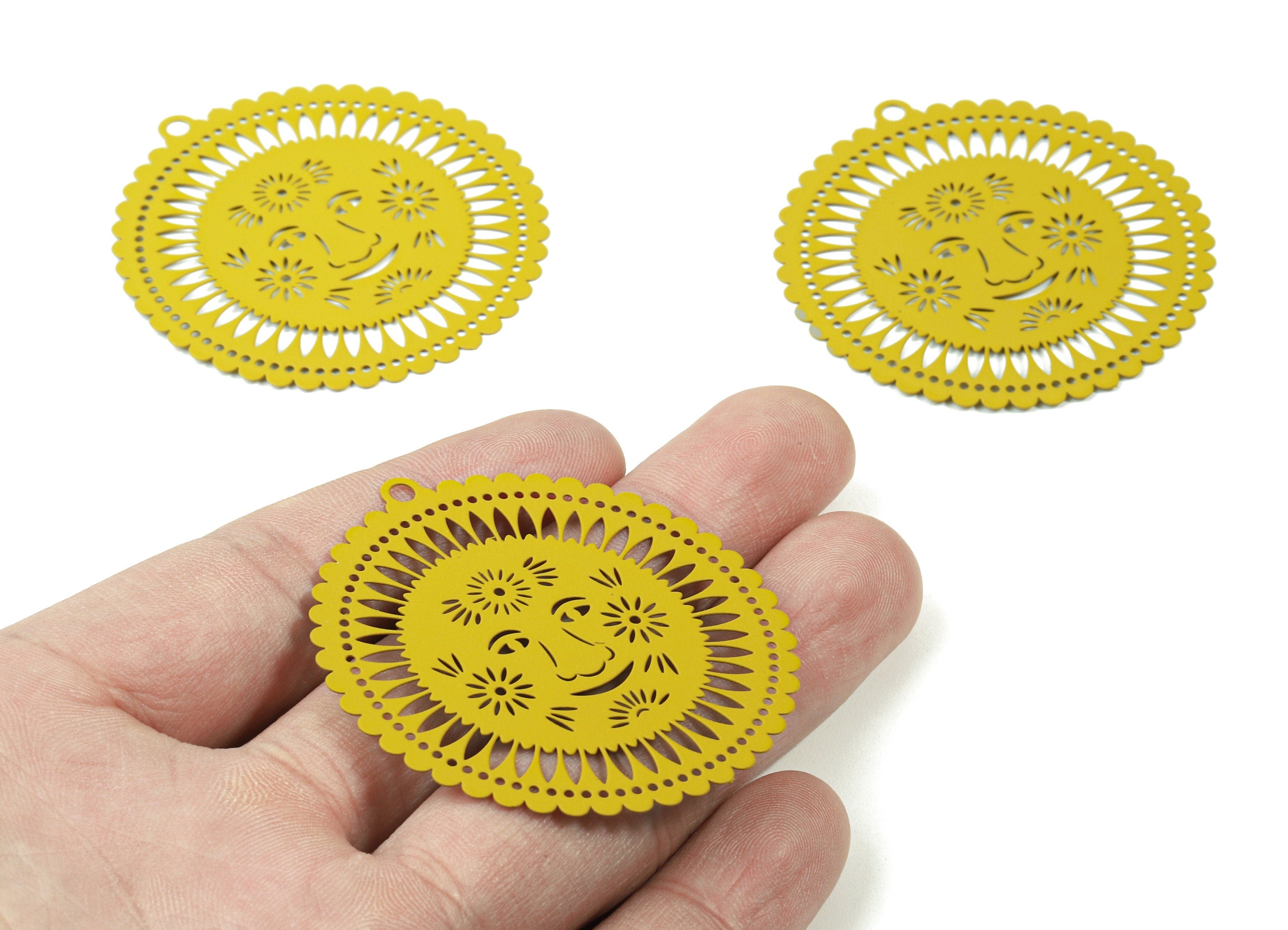 Dark Yellow Smiling Sun Brass Pendant - Brass Smiling Sun For Necklace - Earring Charms - Color Code: J08 - 51.6x49x0.4mm - JJA4448-J08 - DOMEDBAZAAR