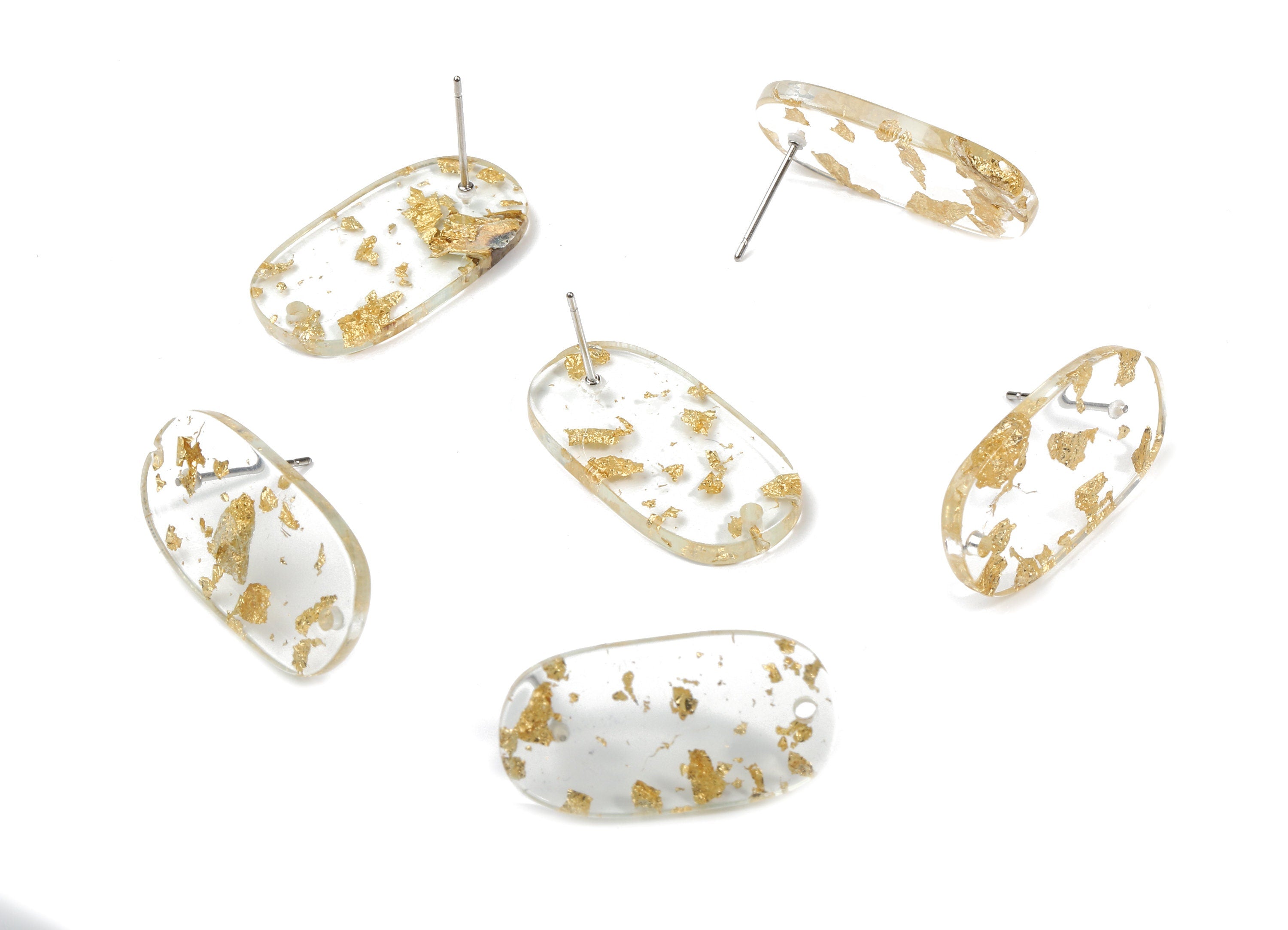 Acrylic Oval Earring Stud With Hole - Oval Connector Earring Post - Gold Foil & Confetti - Color Code: A255 - 26.2x13.95x2.6mm - AC1811-A255 - DOMEDBAZAAR