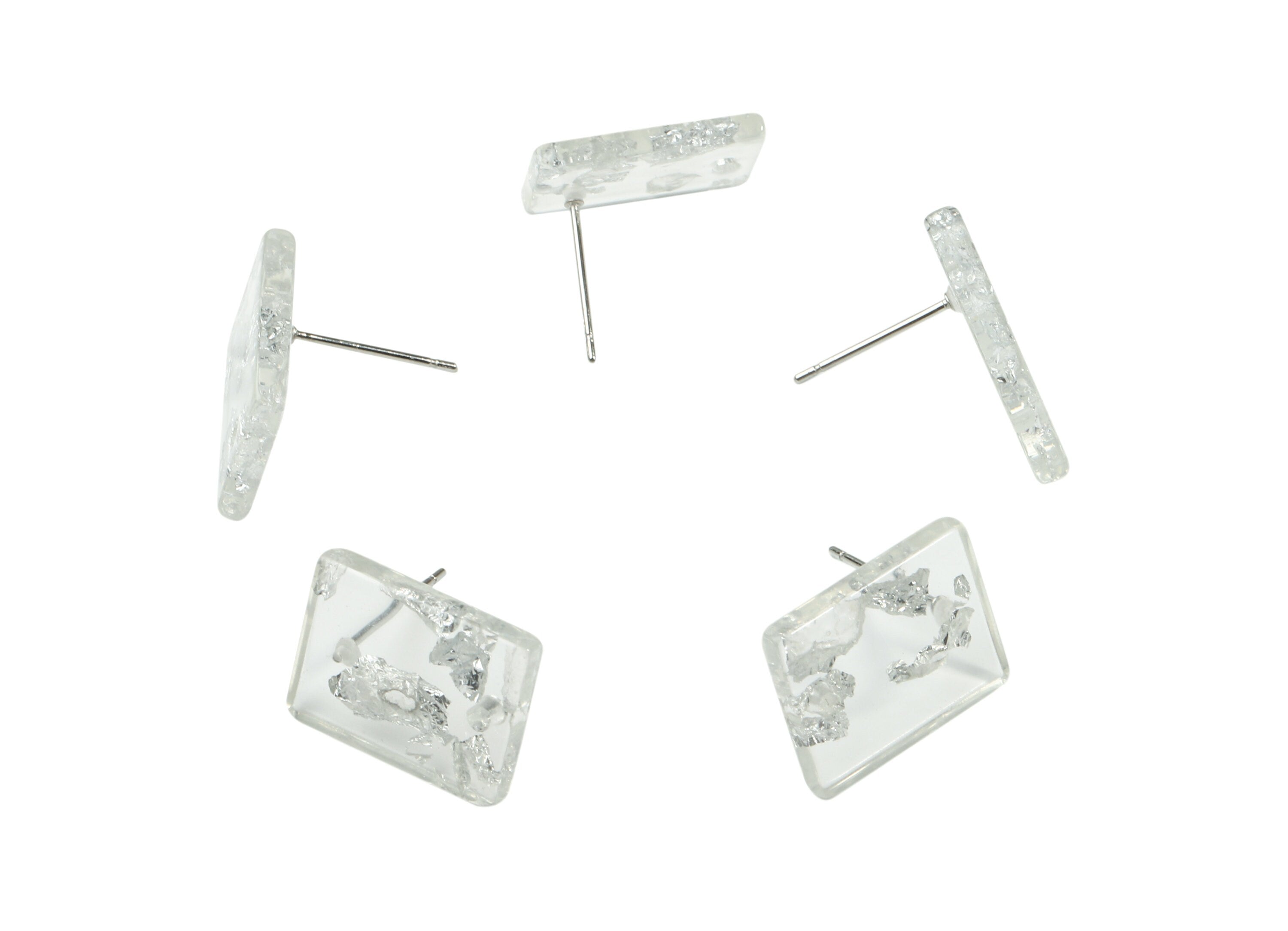 Acrylic Rectangle Earring Stud - Silver Foil & Confetti - Rectangle Connector Earring Post - Color Code: A254 - 15.4x11.7x2.5mm- AC1663-A254 - DOMEDBAZAAR