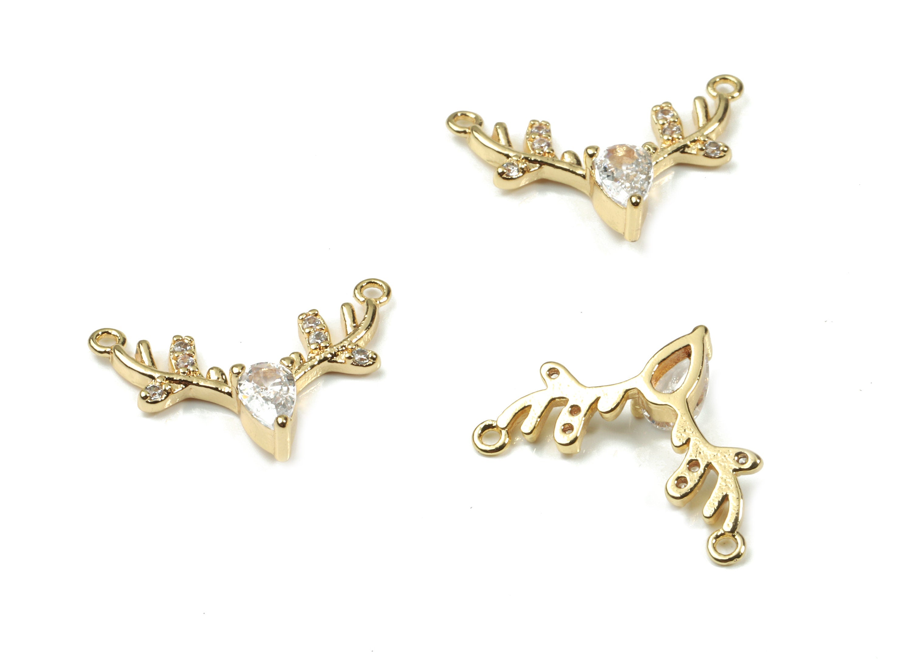 Brass Deer Head Pendant - Gold Deer Head Connector With Zircons Charm For Necklace - 18K Real Gold Plated Brass - 17.08x10.82x3mm - RGP2585 - DOMEDBAZAAR