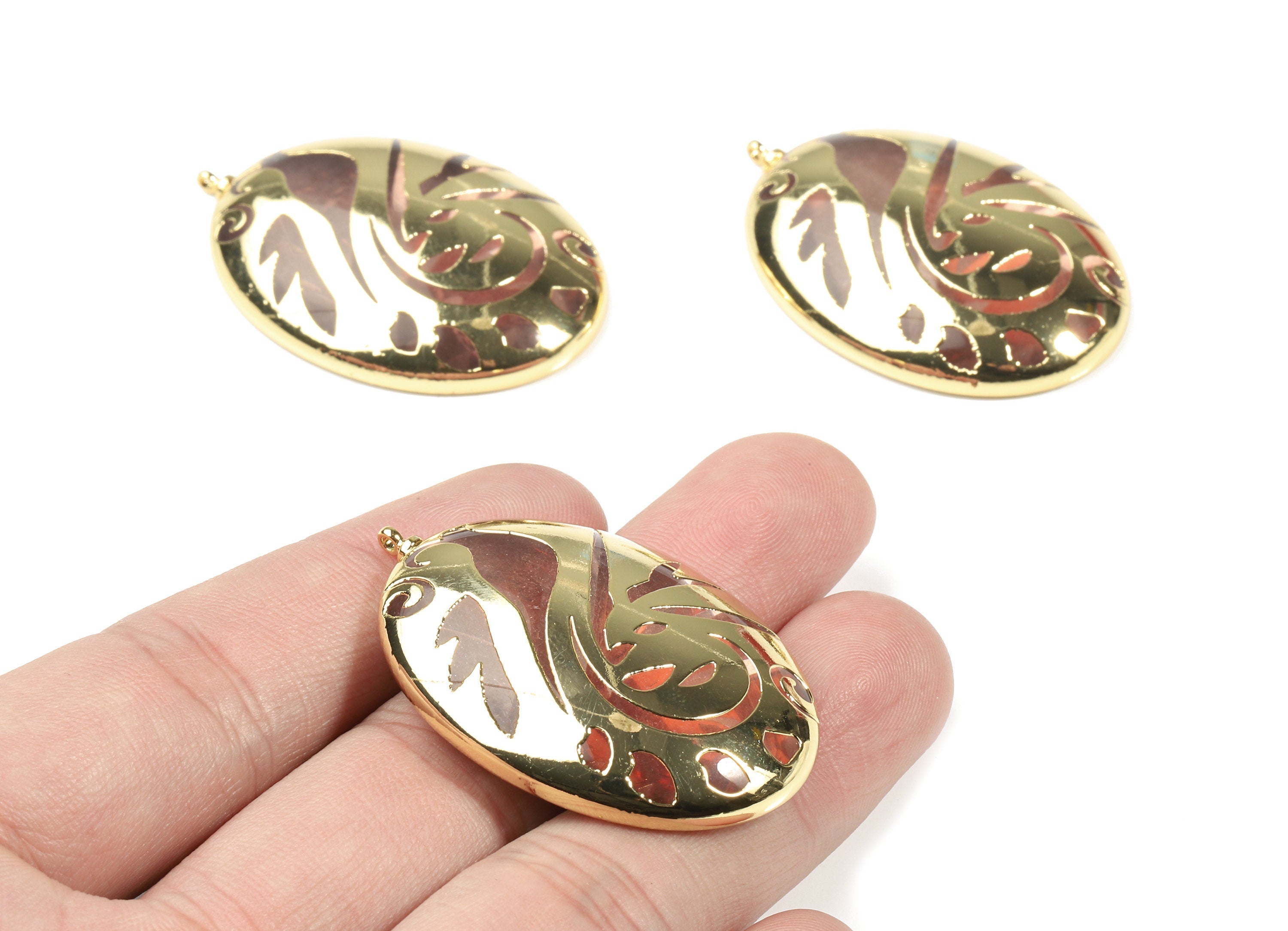 Glass Peacock Oval Pendant - 24K Gold Finished Glass Charms - Copper and Glass Peacock Charm - 43.54x30.04x8.02mm - GS1033G - DOMEDBAZAAR