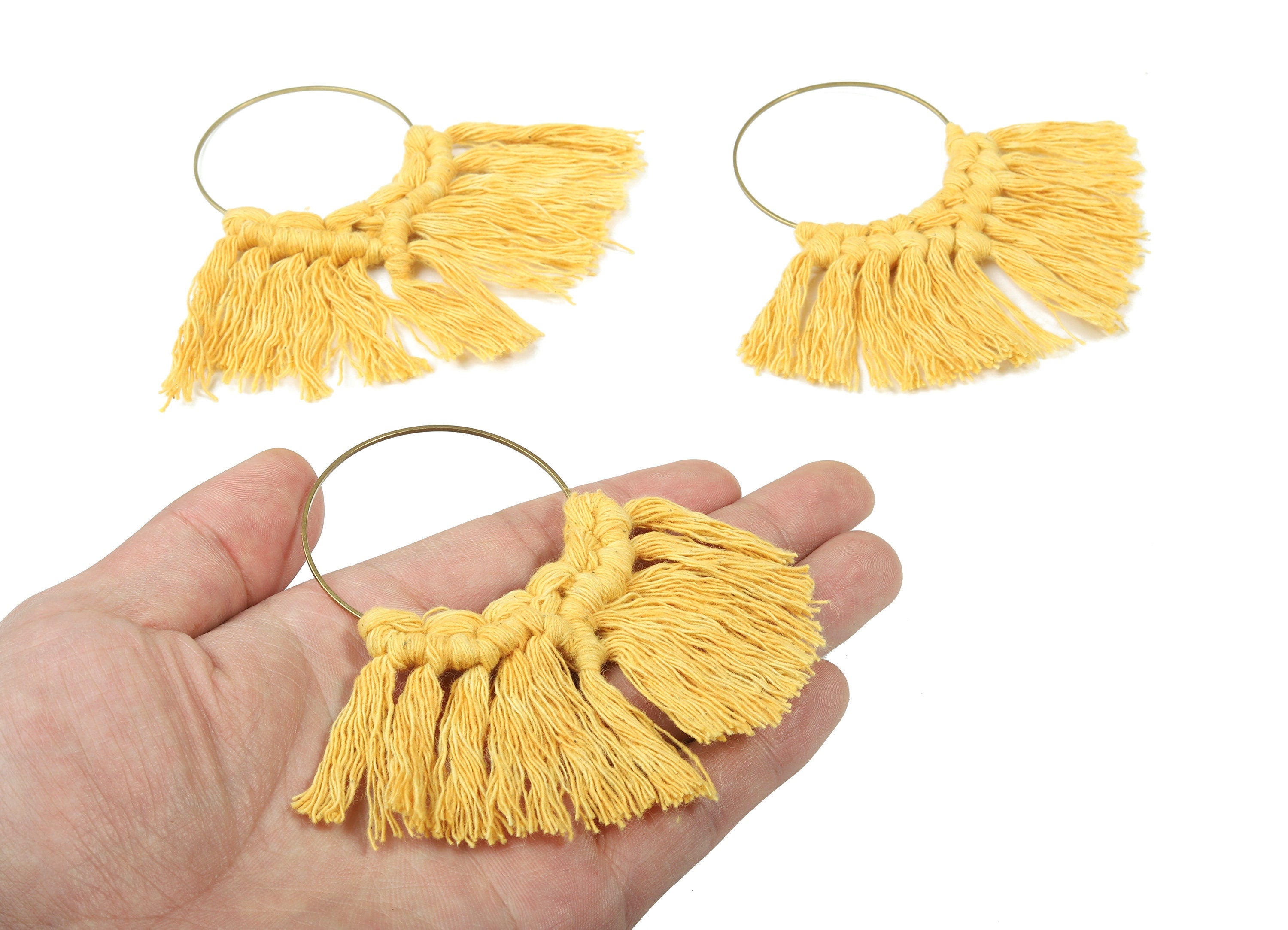 Macrame Earring Charms - Handmade Cotton Fan Tassel Earrings - Fringe Earrings - Raw Brass Hoop - Luxe Tassel - 115x95x6.42mm - TS1132-48 - DOMEDBAZAAR