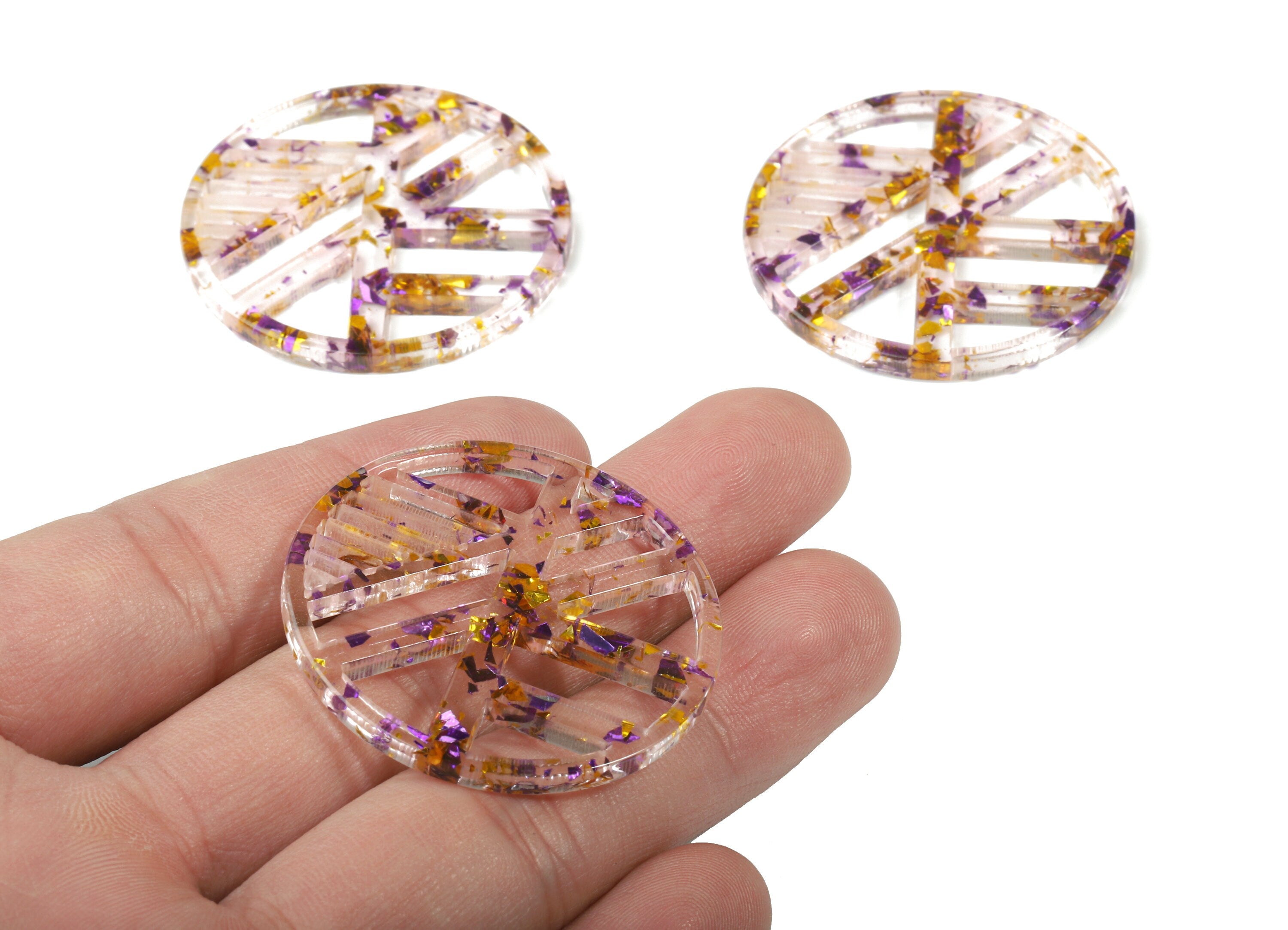 Acrylic Geometric Charms - Round Earring Charm - Purple & Gold Confetti - Jewelry Supplies - Color Code:A388 - 39.6x39.6x2.9mm - AC1819-A388 - DOMEDBAZAAR
