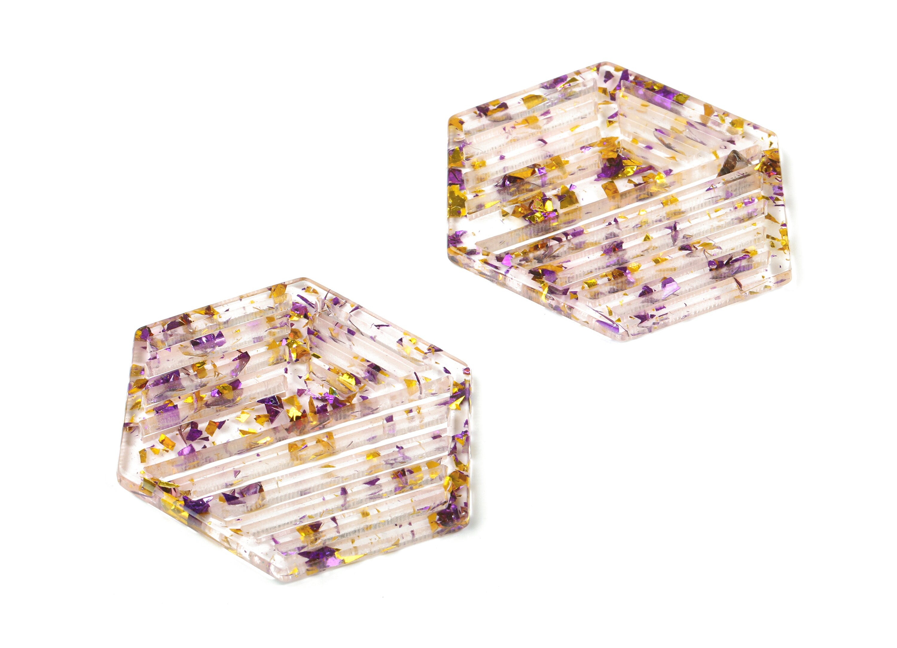 Acrylic Hexagon Earring Charm - Hexagon Pendant - Purple & Gold Confetti - Color Code:A388 - 52.67x39.61x2.82mm - AC1822-A388 - DOMEDBAZAAR
