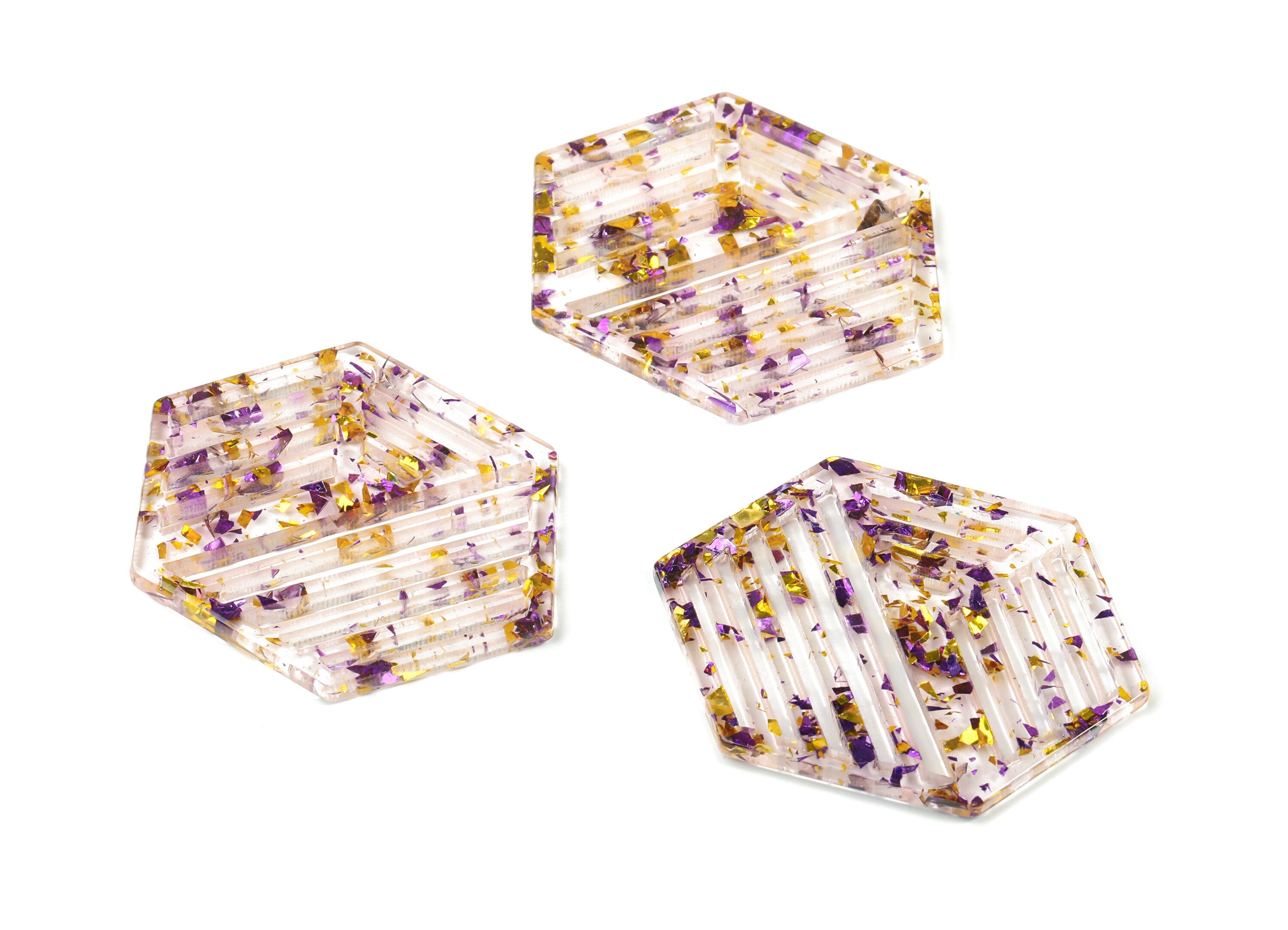 Acrylic Hexagon Earring Charm - Hexagon Pendant - Purple & Gold Confetti - Color Code:A388 - 52.67x39.61x2.82mm - AC1822-A388 - DOMEDBAZAAR