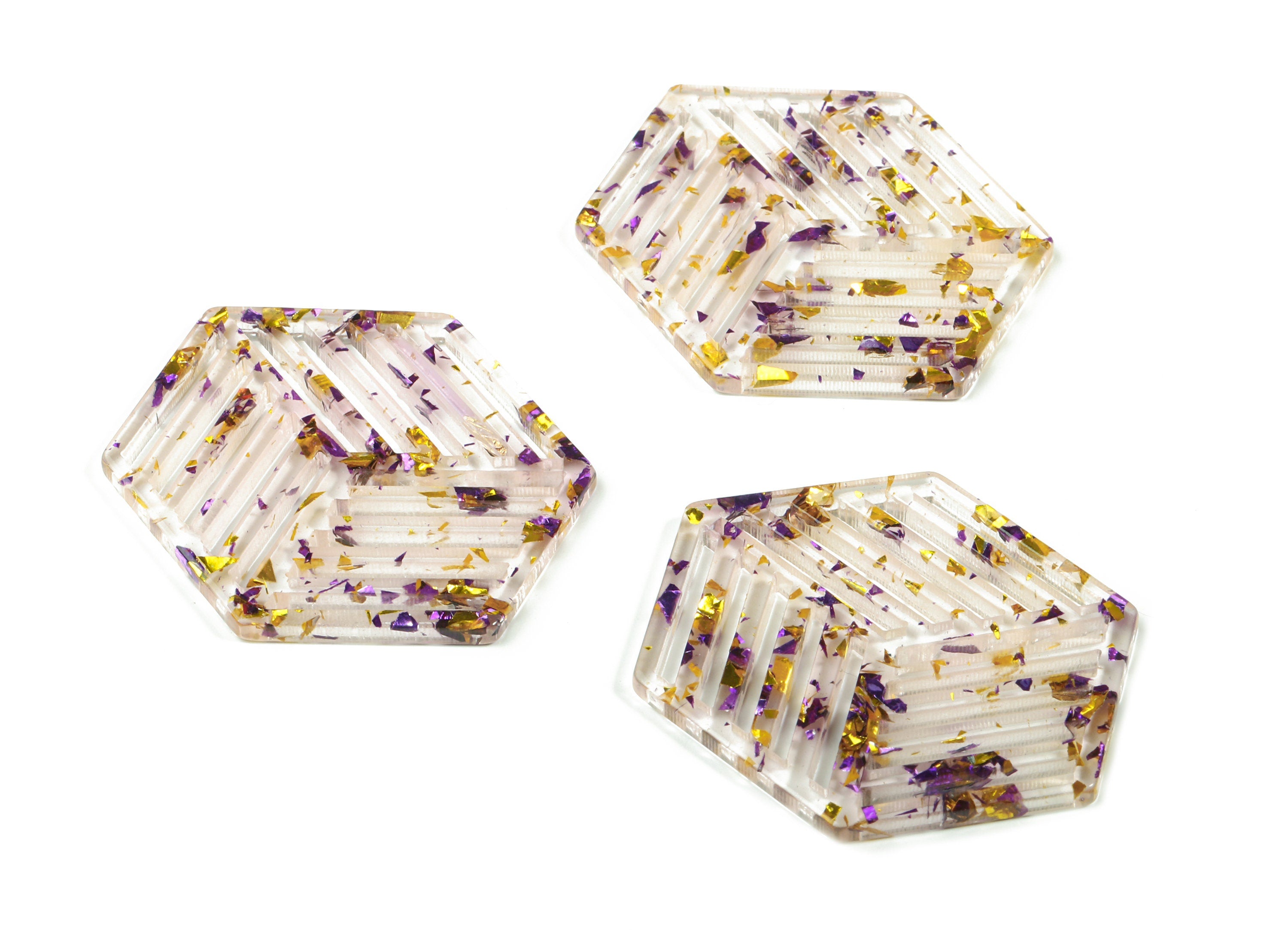 Acrylic Hexagon Earring Charm - Hexagon Pendant - Purple & Gold Confetti - Jewelry Supplies - Color Code:A388 - 45x34.6x2.6mm - AC1823-A388 - DOMEDBAZAAR