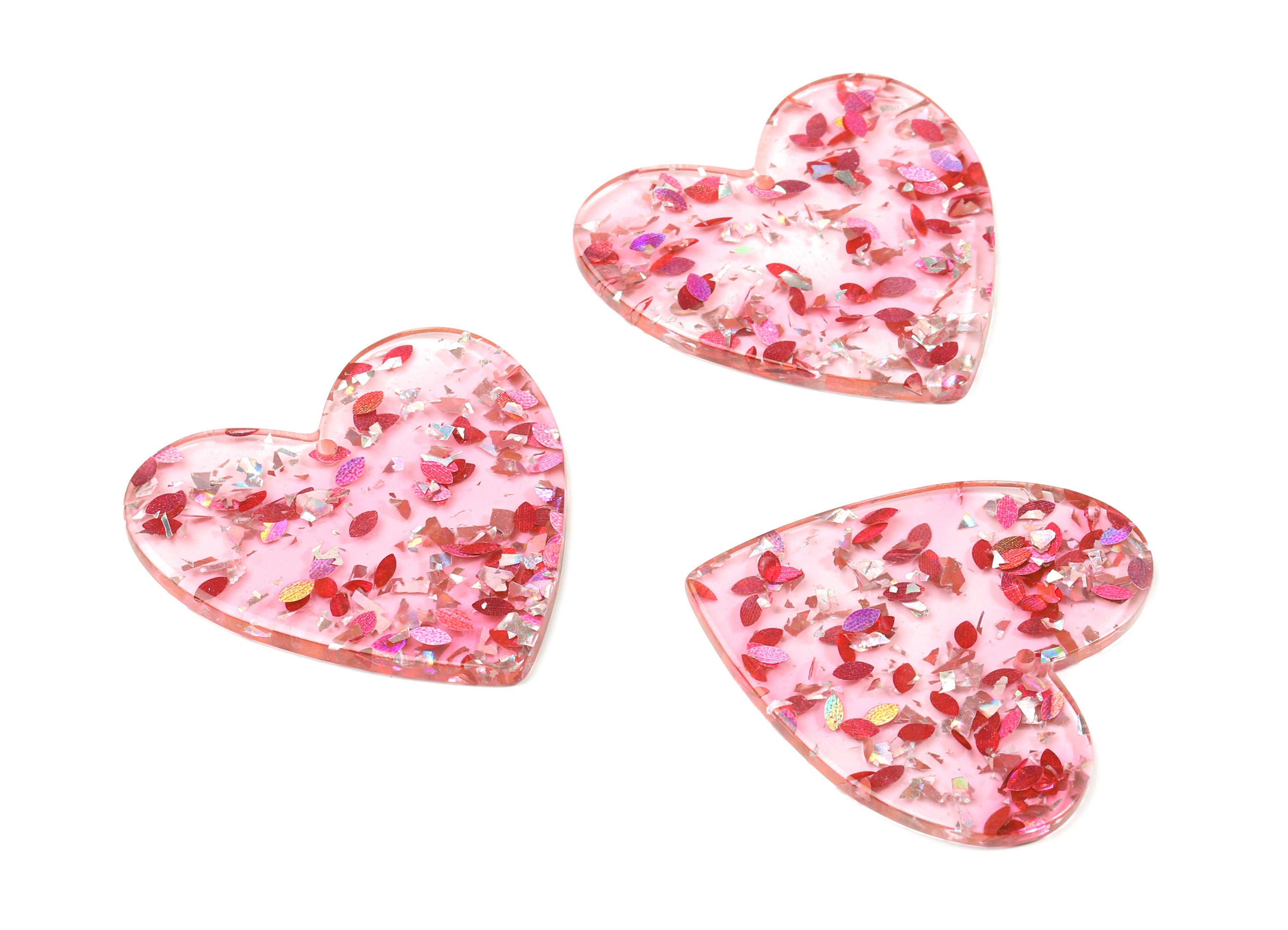 Acrylic Heart Earring Charms - Heart Pendant - Silver Pink Foil and Confetti - Color Code: A437- 41.69x42.67x2.77mm - AC1746-A437 - DOMEDBAZAAR