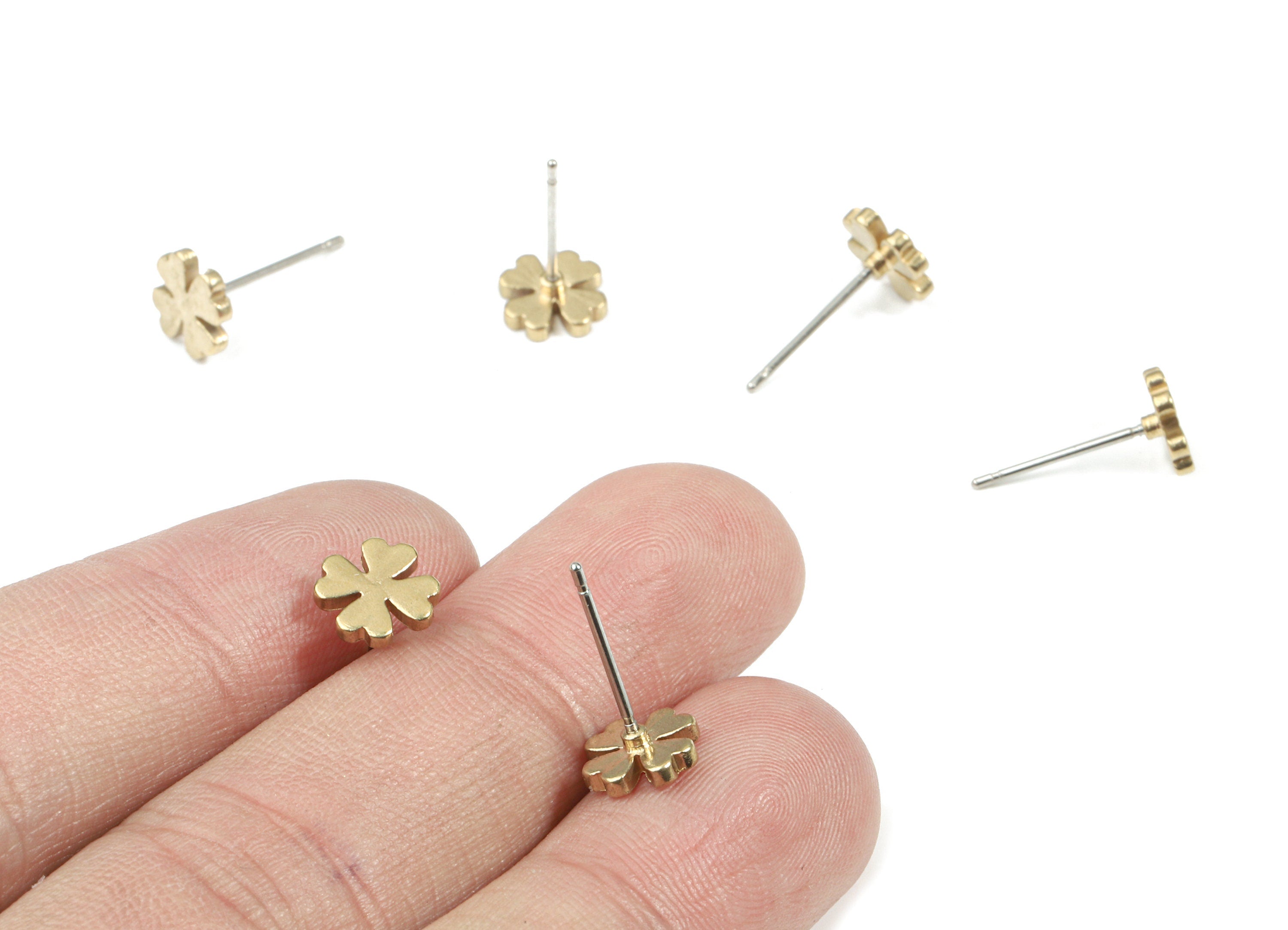 Brass Clover Earring Stud - Raw Brass Four-Leaf Clover Earring Post - Steel Stud - Earring Post - Jewelry Supplies - 7.8x7.8x1.5mm - PP3151 - DOMEDBAZAAR