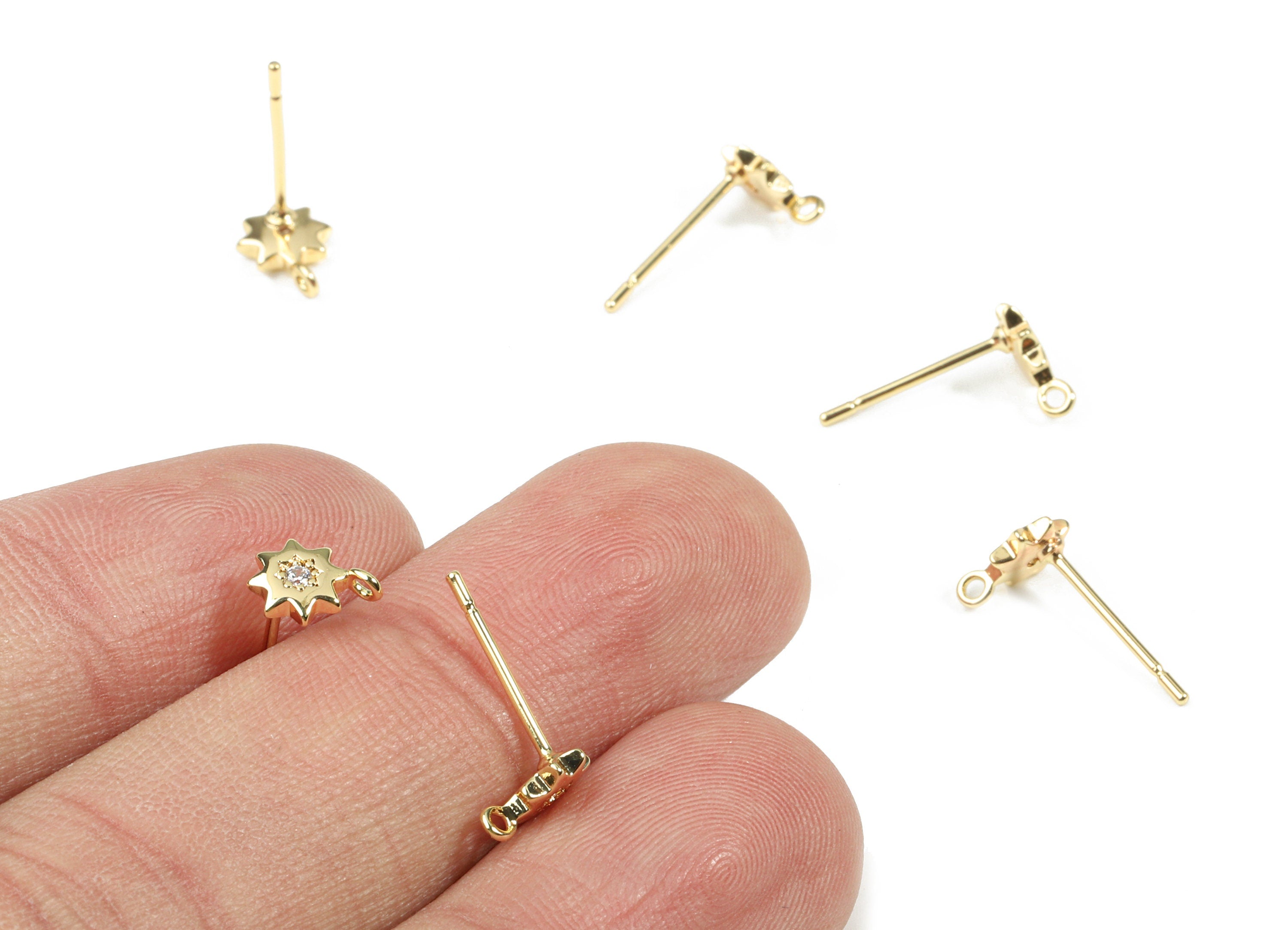 Brass Mini Sun Earring Stud With Loop - Zircon Sun Earring Post - 18K Real Gold Plated Brass - Surgical Stud - 7.7x5.38x1.87mm - RGP2592 - DOMEDBAZAAR