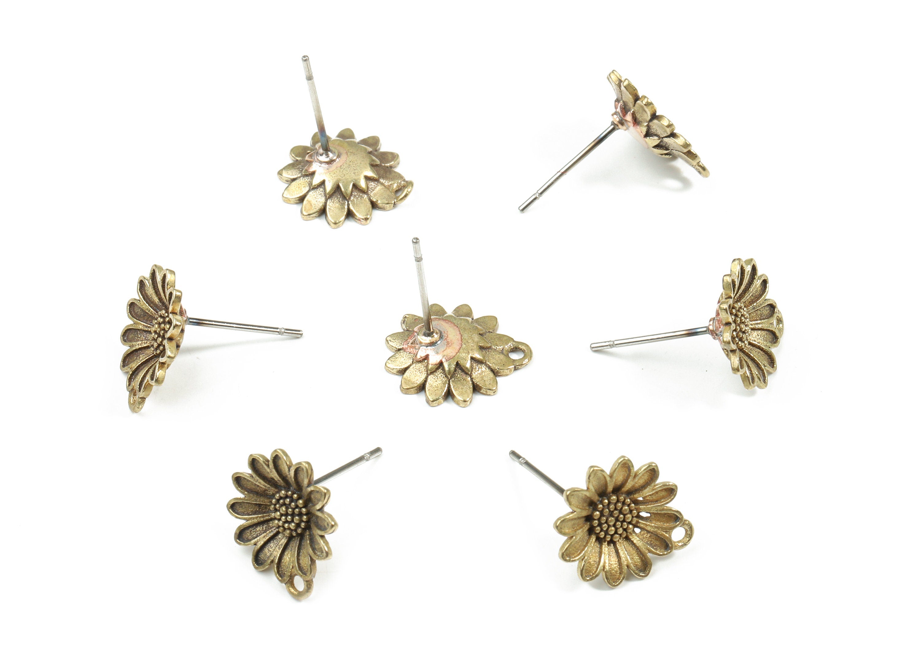 Brass Daisy Earring Stud With Loop - Raw Brass Daisy Earring Post - Steel Stud - Earring Post - Jewelry Supplies - 12.96x11.4x2.1mm - PP3212 - DOMEDBAZAAR
