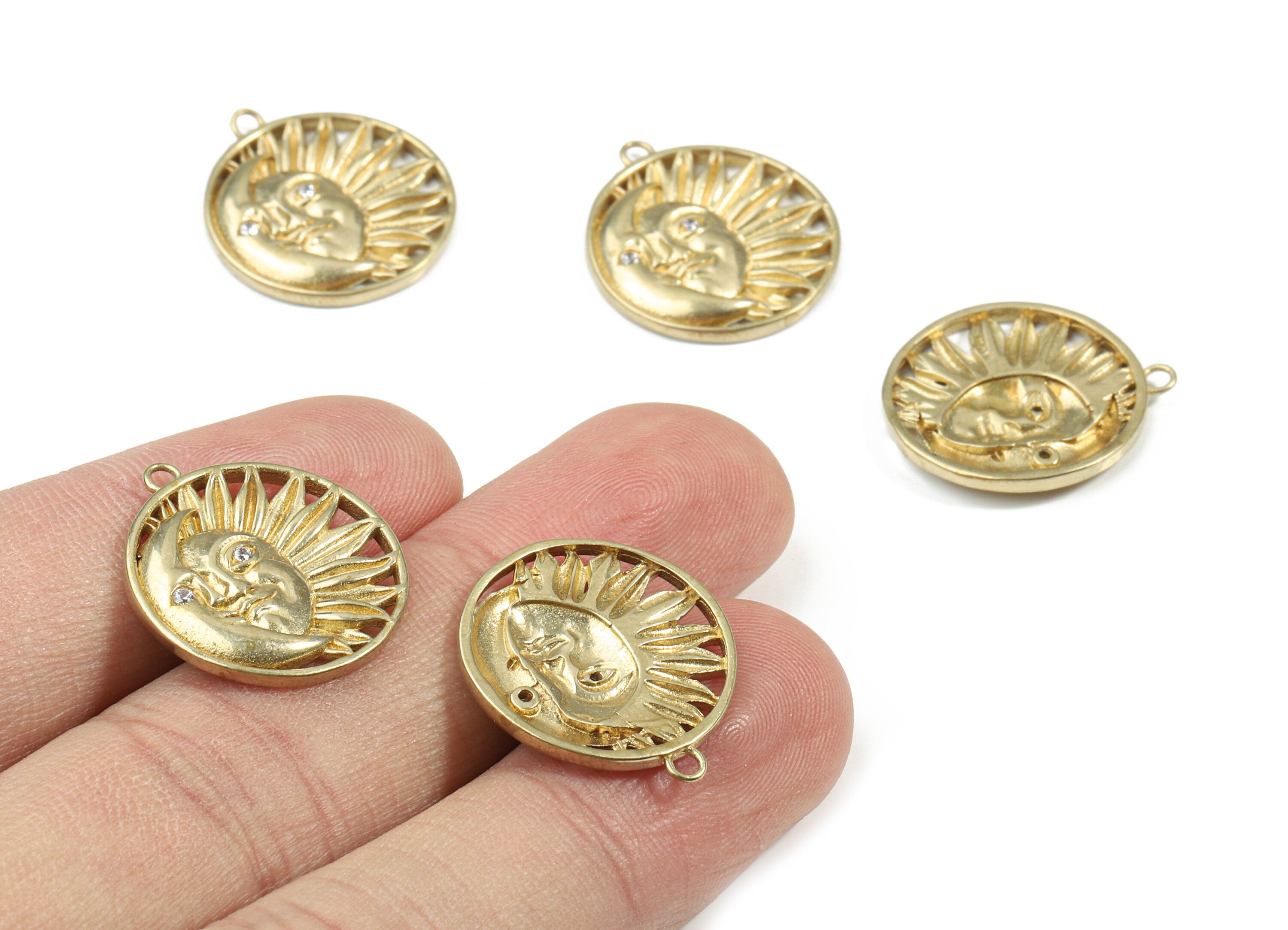 Brass Sun Face Round Pendant - Raw Brass Moon Face Earring Charms - Earring Findings - Jewelry Supplies - 21.09x18.72x2.44mm - PP3217 - DOMEDBAZAAR