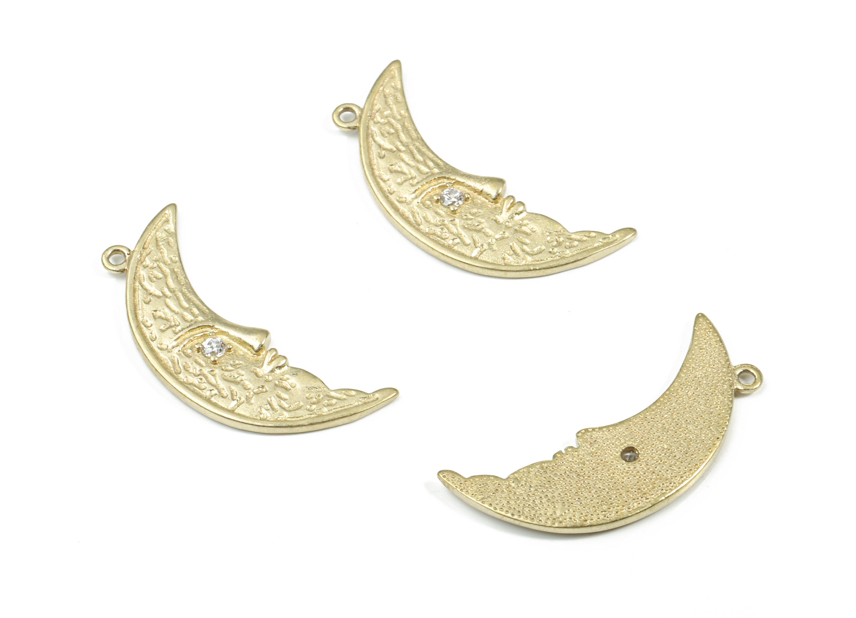 Brass Crescent Pendant - Raw Brass Moon Face Earring Charm With Zircon - Earring Findings - Jewellery Supplies - 25.62x9.14x1.78mm - PP3215 - DOMEDBAZAAR
