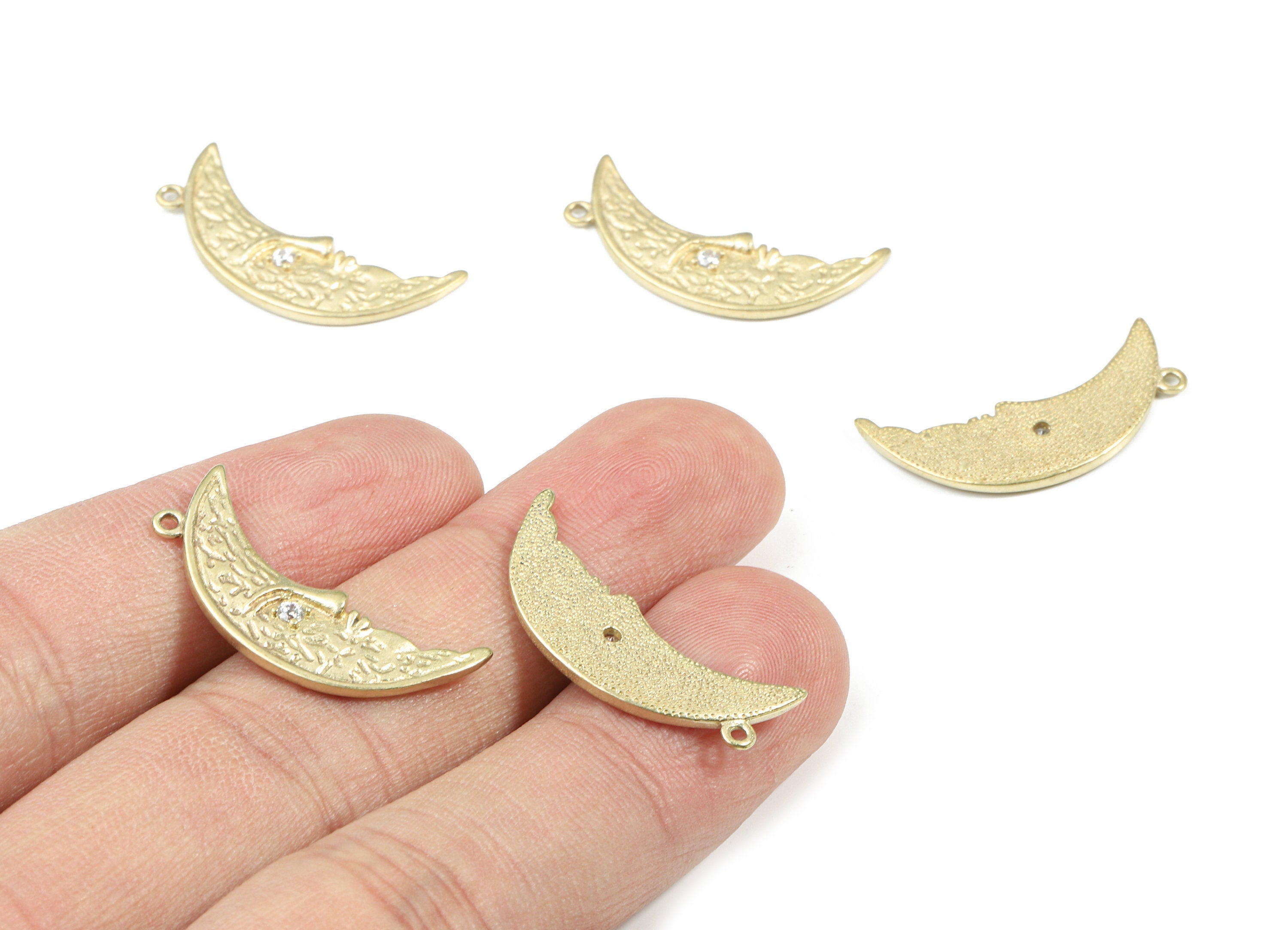 Brass Crescent Pendant - Raw Brass Moon Face Earring Charm With Zircon - Earring Findings - Jewellery Supplies - 25.62x9.14x1.78mm - PP3215 - DOMEDBAZAAR
