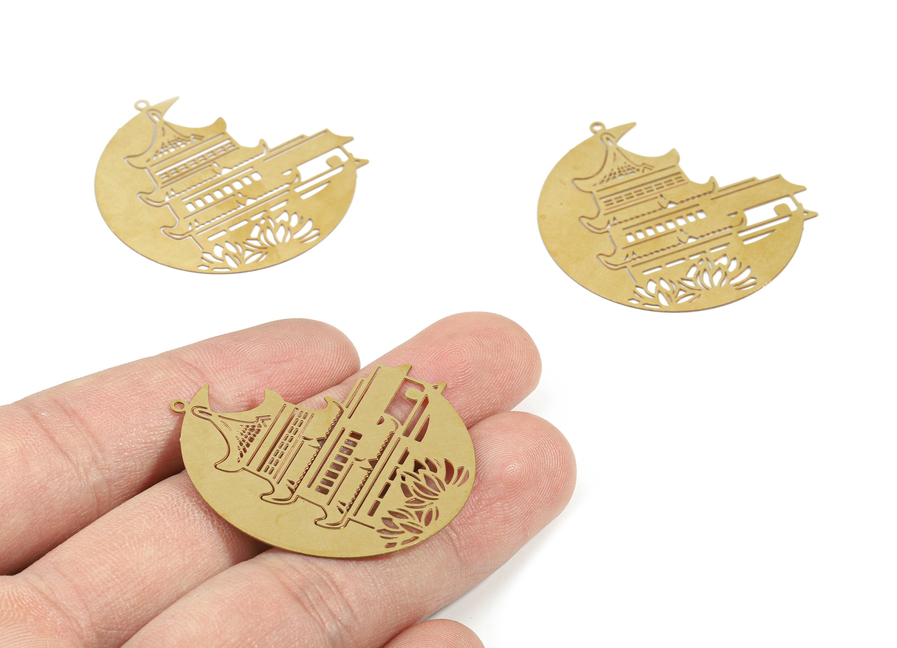 Brass Chinese Temple Earring Charms - Raw Brass Temple Pendant - Earring Findings - Jewelry Supplies - 40x39.15x0.3mm - JJB5369 - DOMEDBAZAAR