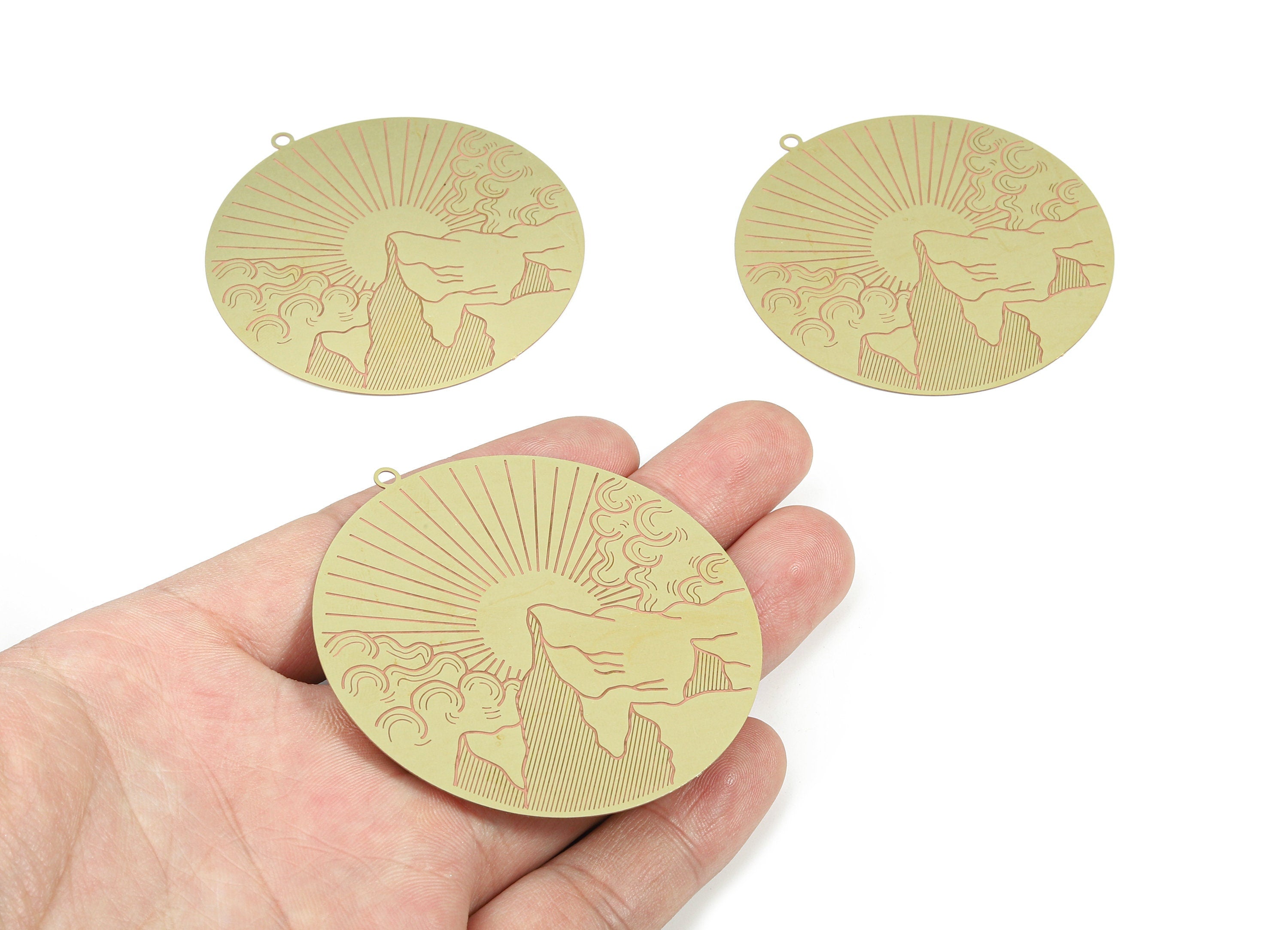 Brass Clouds Sun Earring Charms - Raw Brass Mountain Sun Pendant - Earring Findings - Jewelry Supplies - 63.3x59.9x0.3mm - JJD2066 - DOMEDBAZAAR