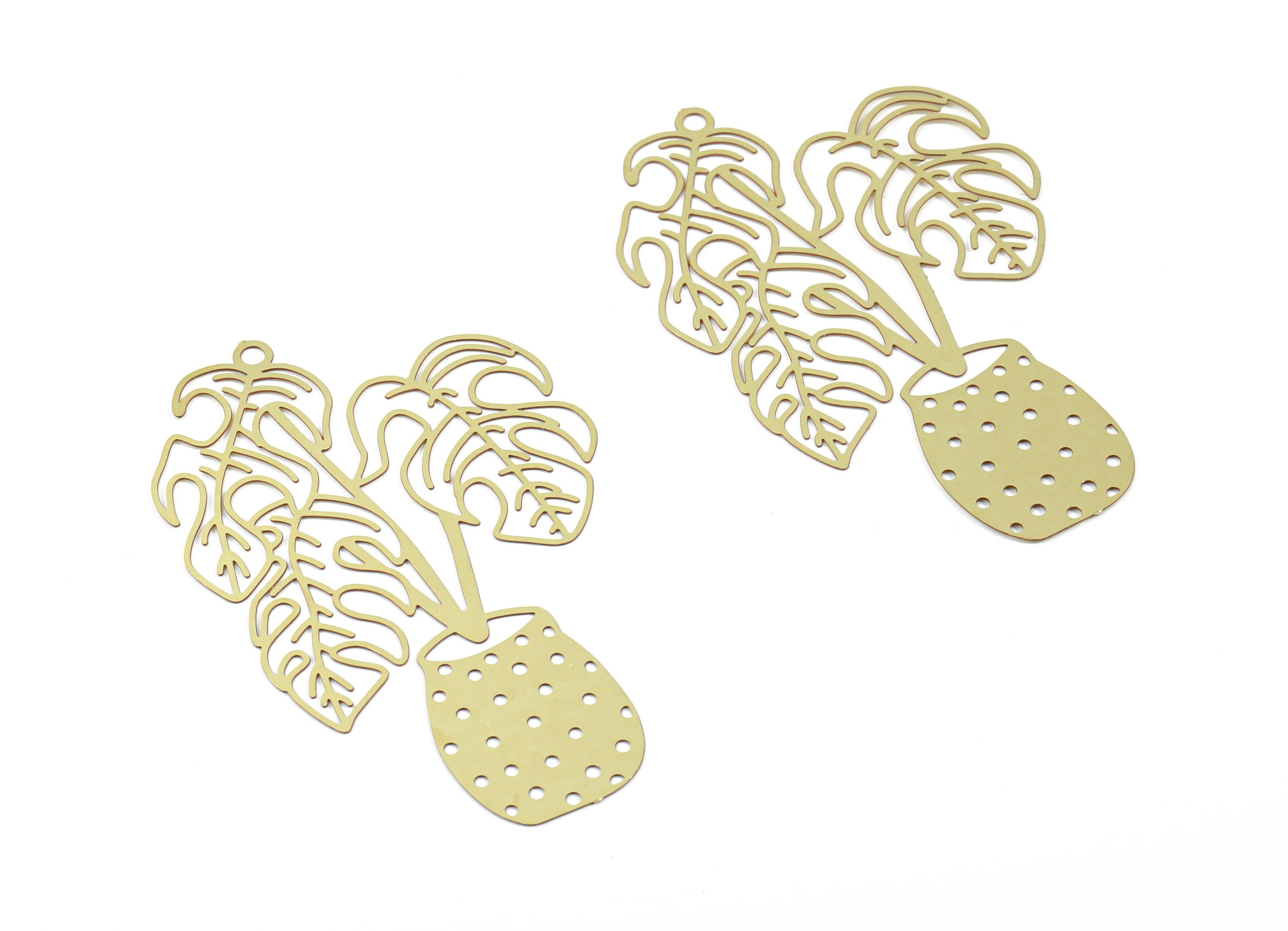 Brass Monstera Earring Charms - Raw Brass Monstera Vase Pendant - Earring Findings - Jewellery Supplies - 51.67x33.3x0.3mm - JJB5853 - DOMEDBAZAAR