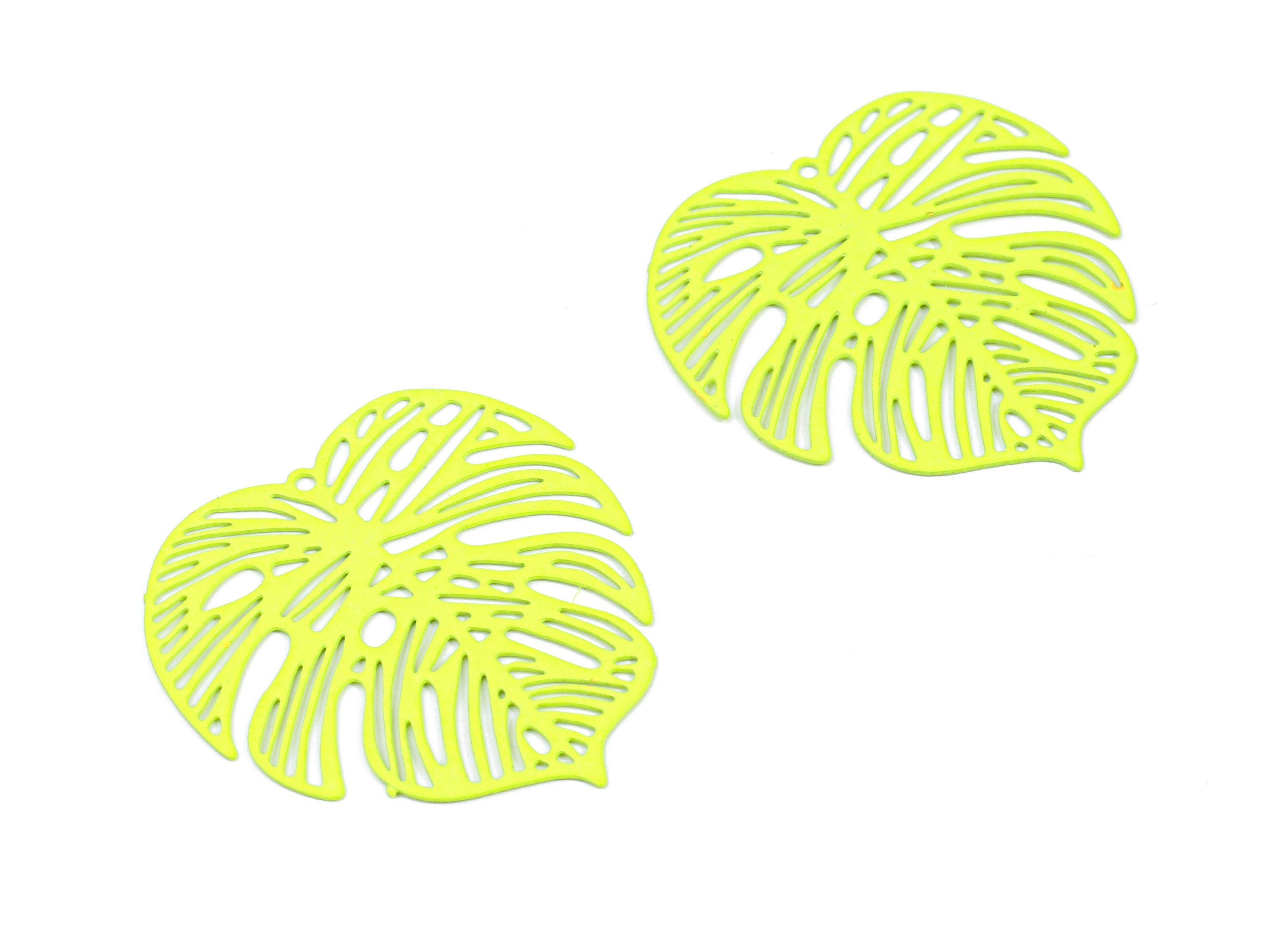 Luminous Yellow Monstera Pendant - Brass Monstera Charm For Necklace - Earring Supplies - Color Code: J13 - 37x36.43x5.47mm - JJB5106-J13 - DOMEDBAZAAR