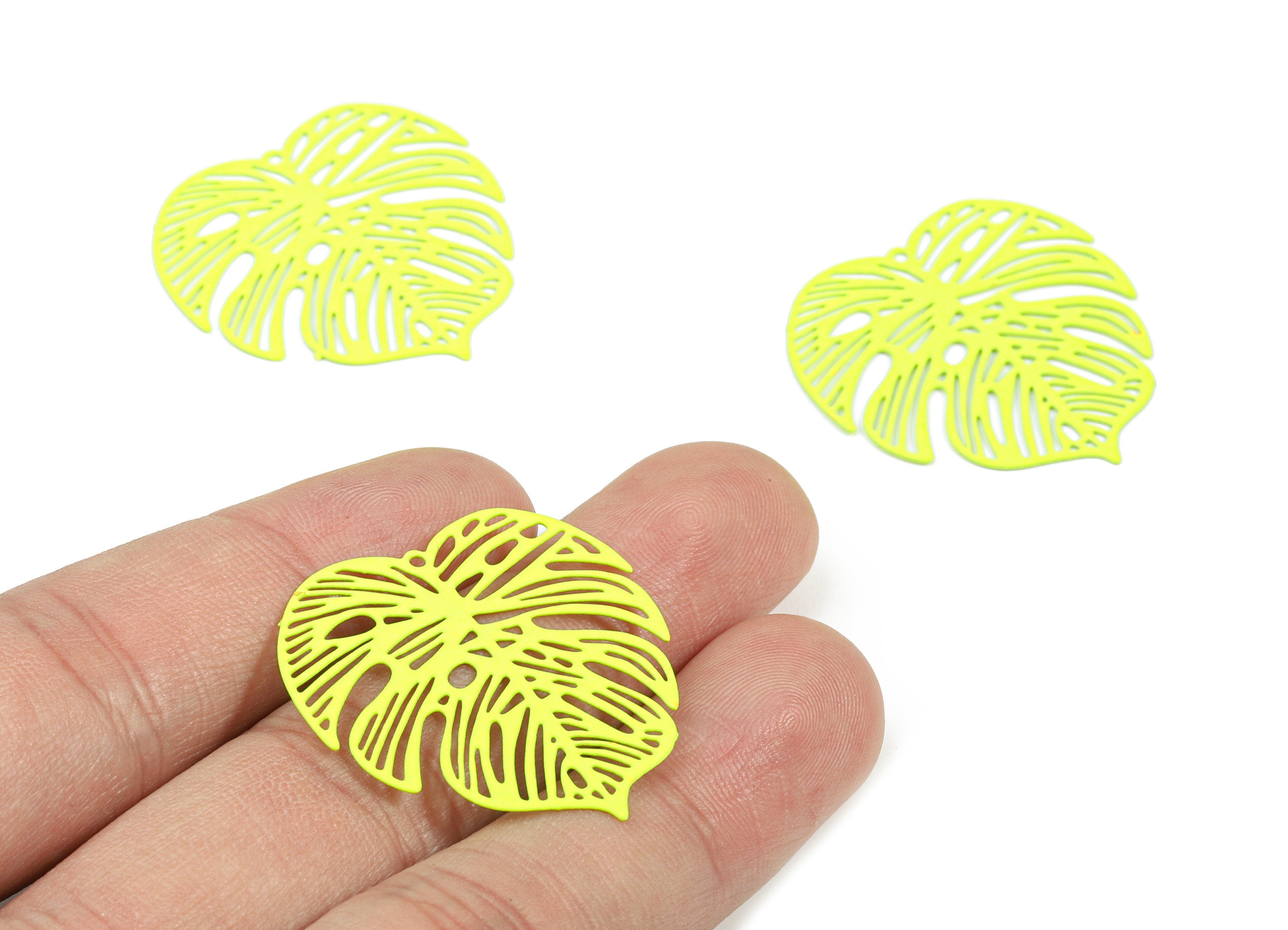 Luminous Yellow Monstera Pendant - Brass Monstera Charm For Necklace - Earring Supplies - Color Code: J13 - 37x36.43x5.47mm - JJB5106-J13 - DOMEDBAZAAR