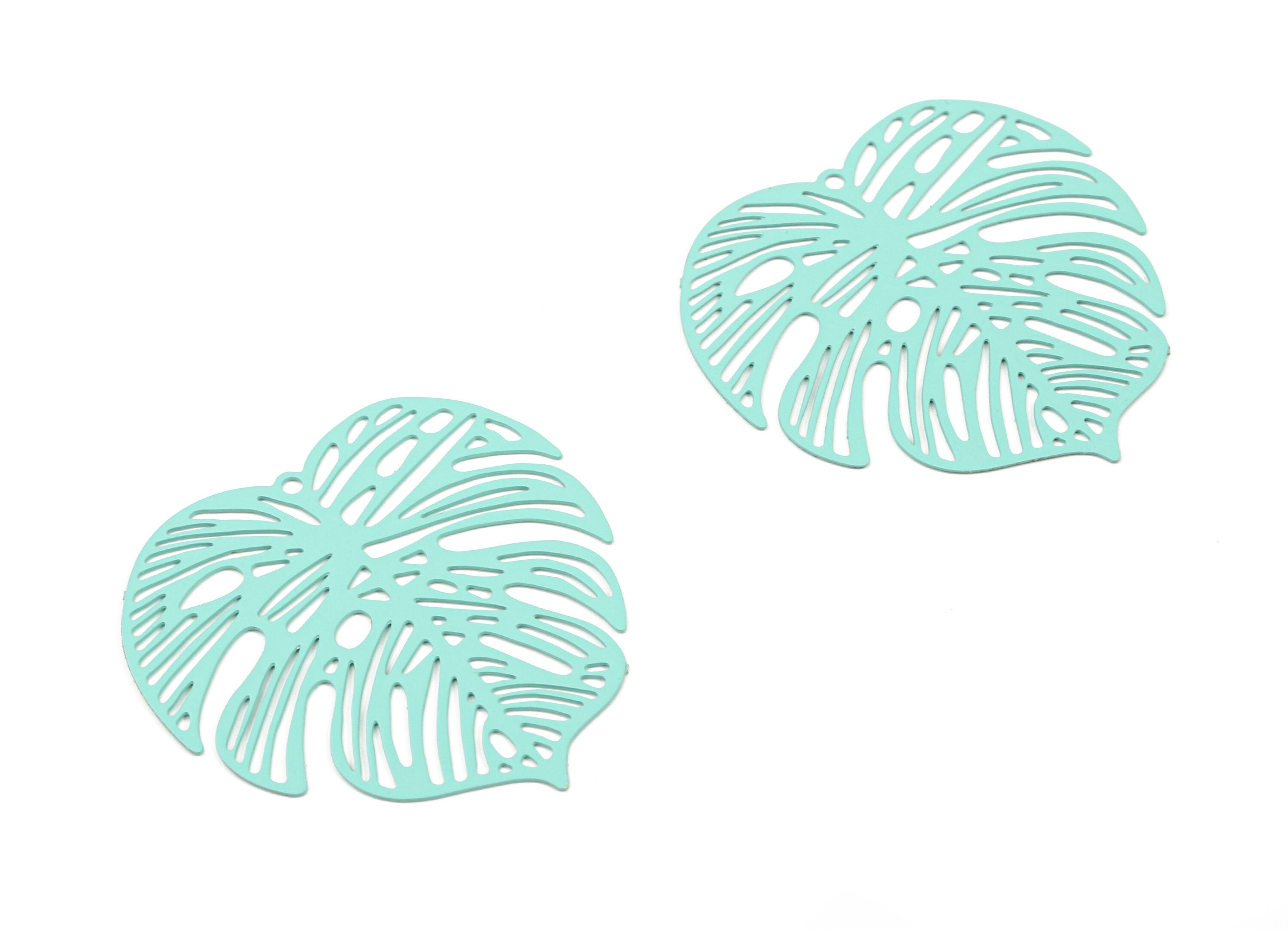 Light Turquoise Monstera Pendant - Brass Monstera Charm For Necklace - Earring Supplies - Color Code: J21 - 37x36.43x5.47mm - JJB5106-J21 - DOMEDBAZAAR