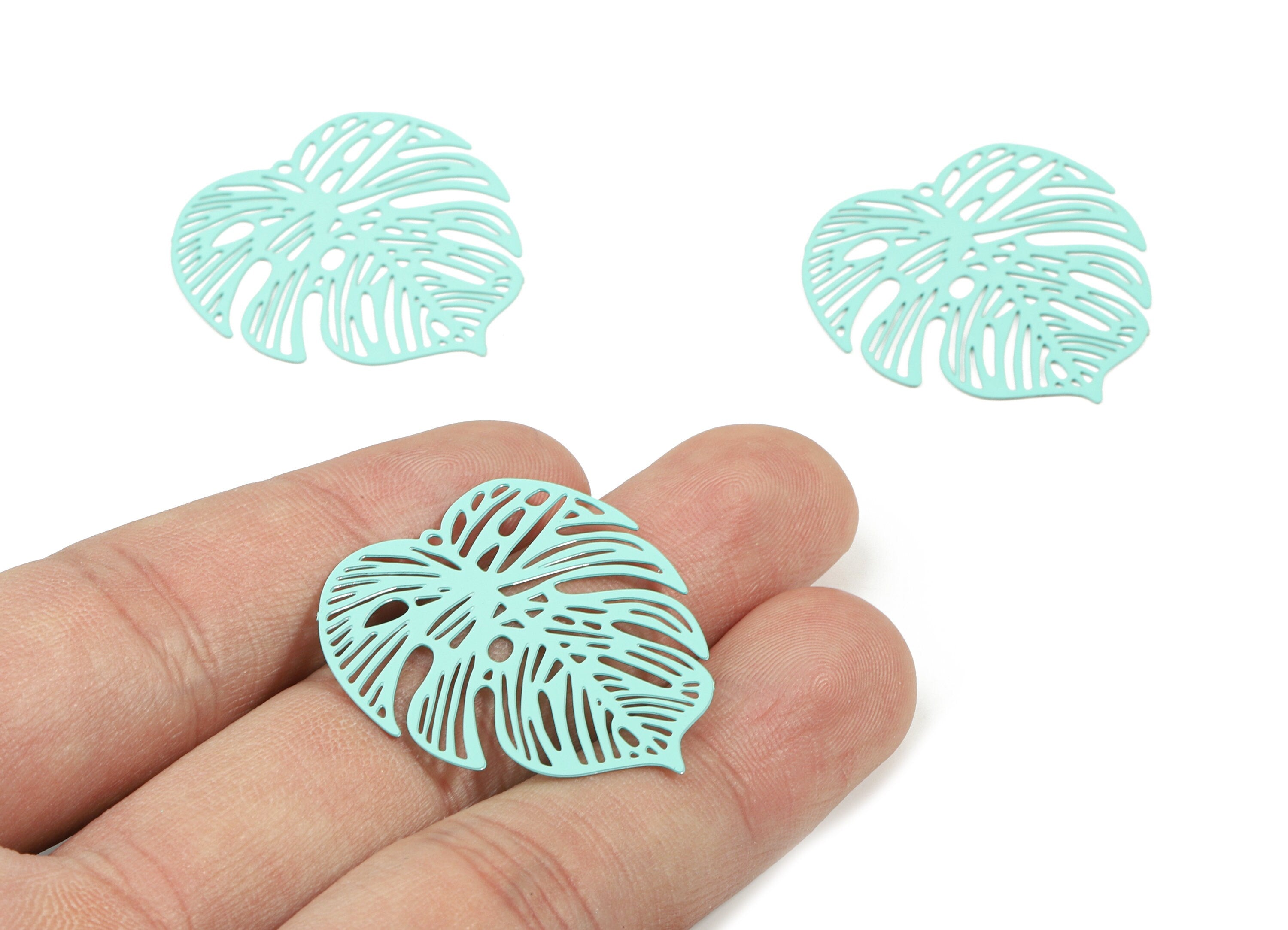 Light Turquoise Monstera Pendant - Brass Monstera Charm For Necklace - Earring Supplies - Color Code: J21 - 37x36.43x5.47mm - JJB5106-J21 - DOMEDBAZAAR