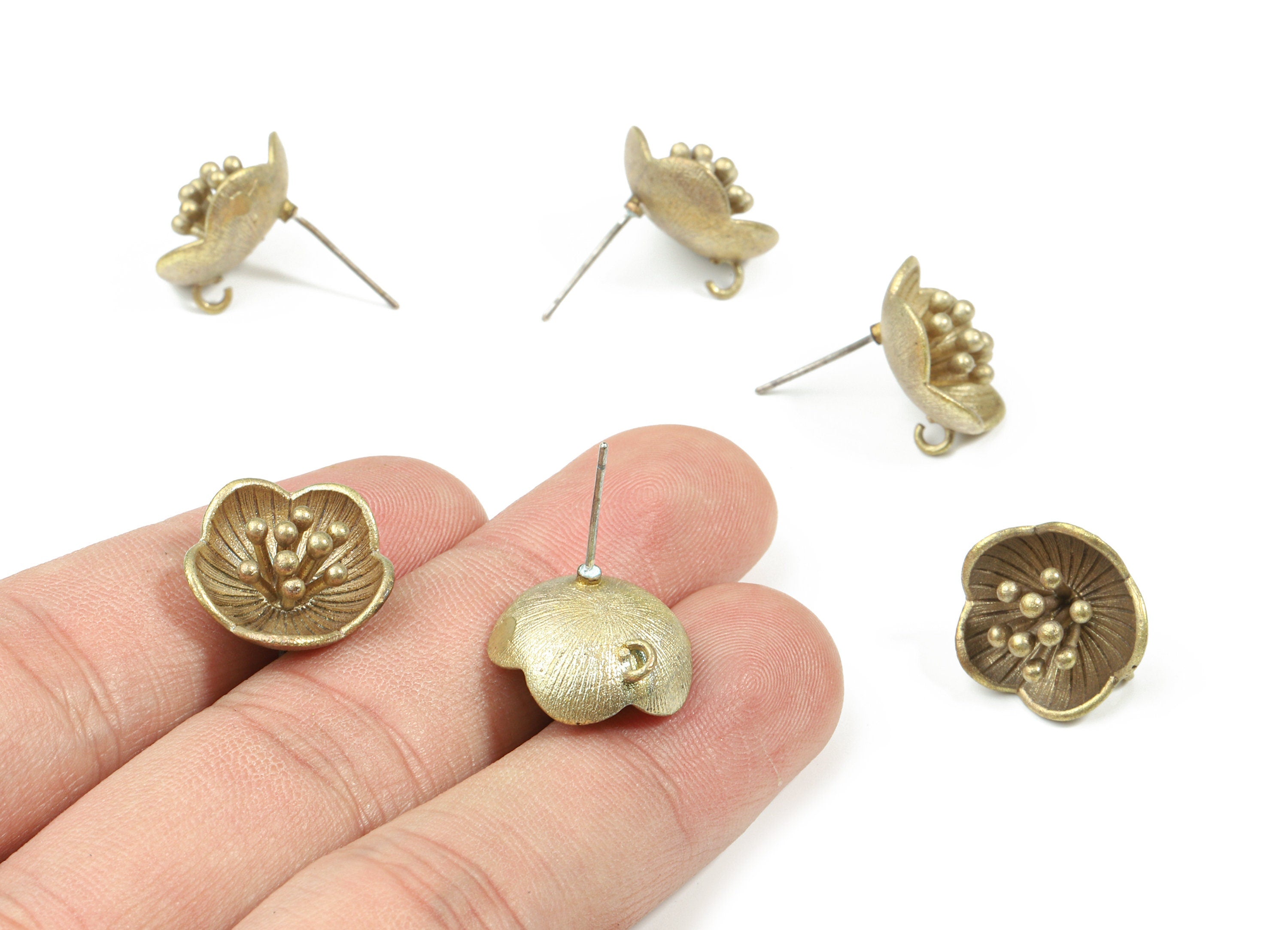 Brass Water Lily Earring Stud With Loop - Raw Brass Flower Earring Post - 325 Real Silver Stud - Jewelry Supplies - 15.9x15.9x8.5mm - PP3226 - DOMEDBAZAAR