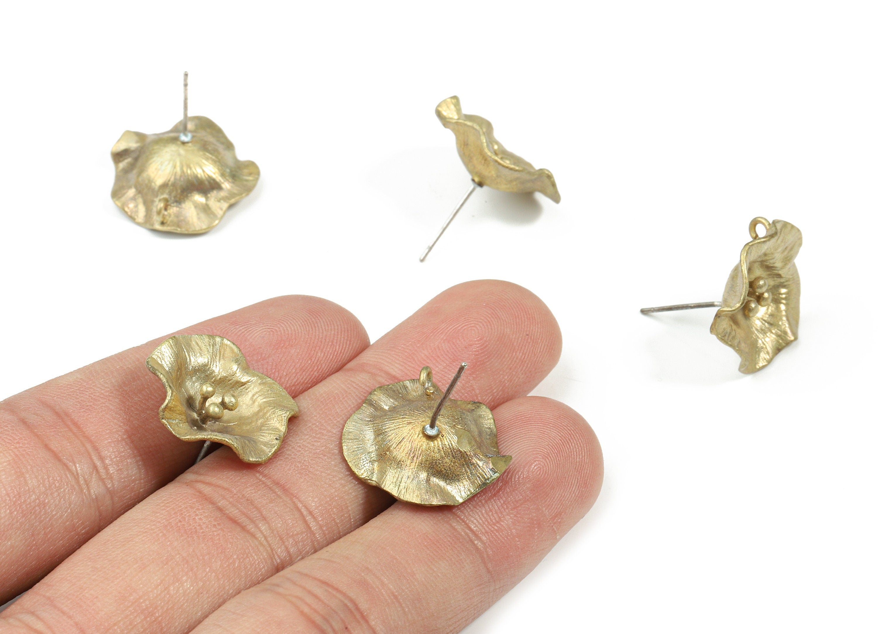 Brass Flower Earring Stud With Loop - Raw Brass Water Lily Earring Post - 325 Real Silver Stud - Jewelry Supplies - 17.6x17.6x0.8mm - PP3242 - DOMEDBAZAAR